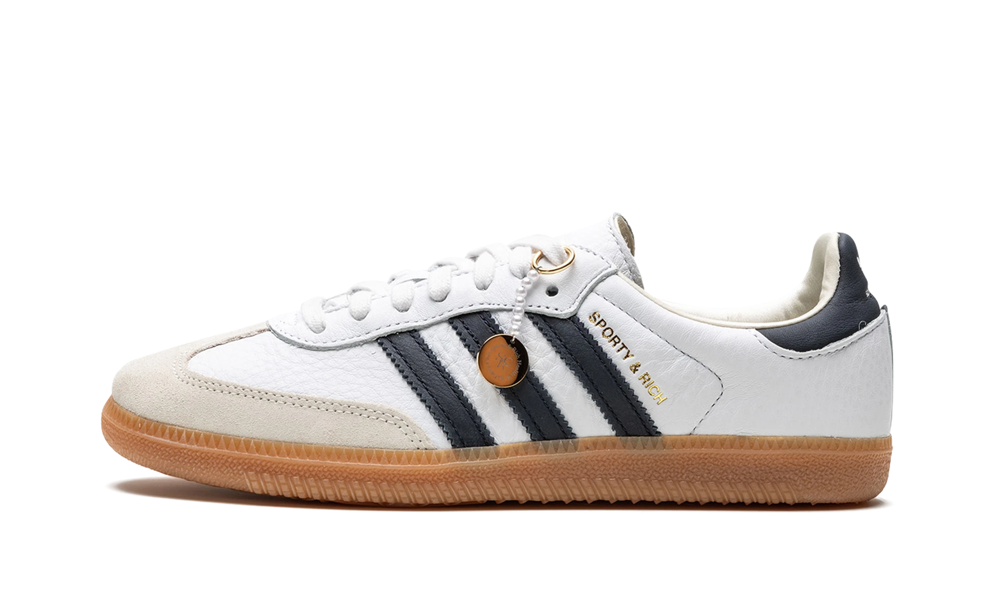 Sneaker Adidas Samba OG Sporty & Rich White Black (HP3354) in leather white, brown and black — outer profile view.