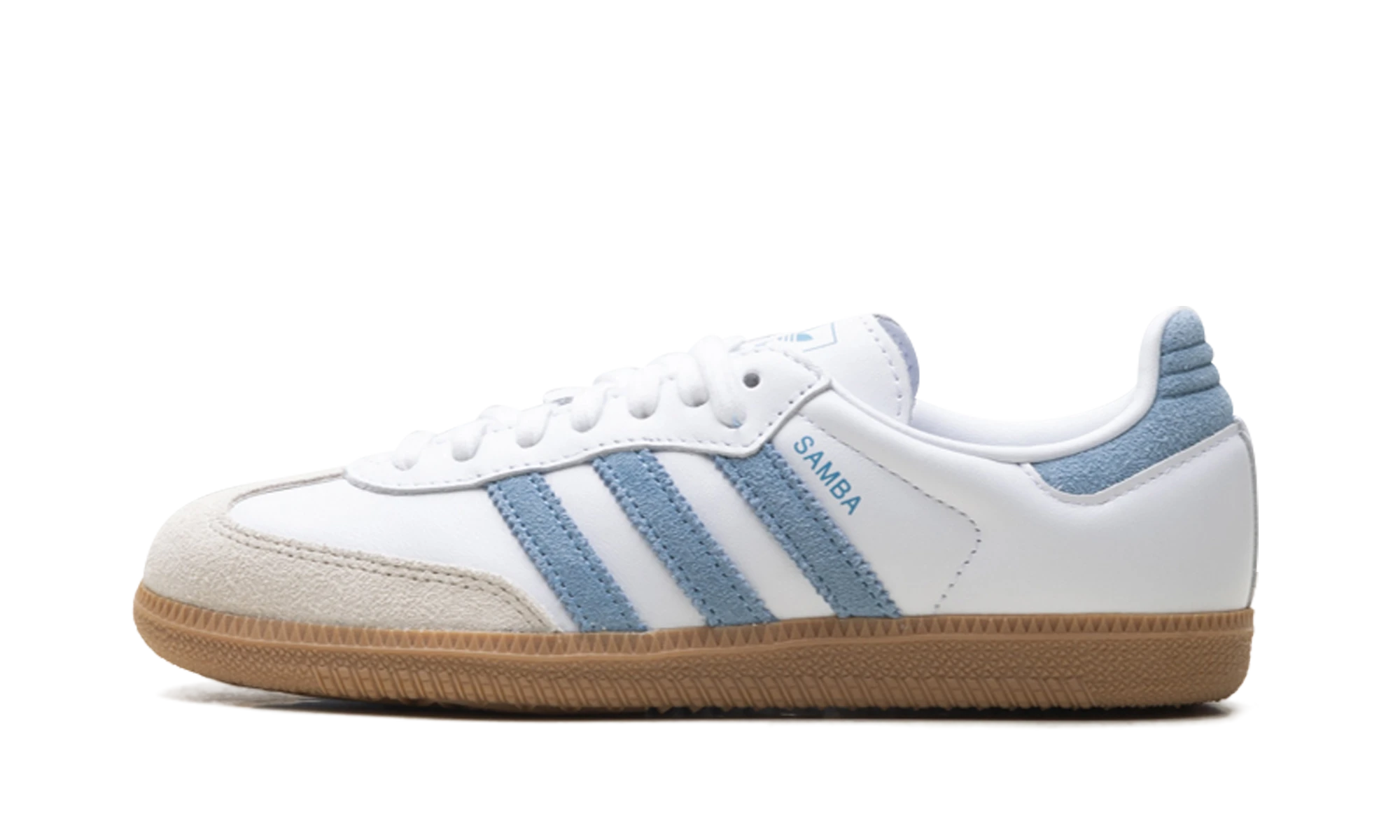 Scarpa Adidas Samba OG White Alumina Ash Blue (JS1391) in pelle bianco, grigio e blu — vista profilo esterno.