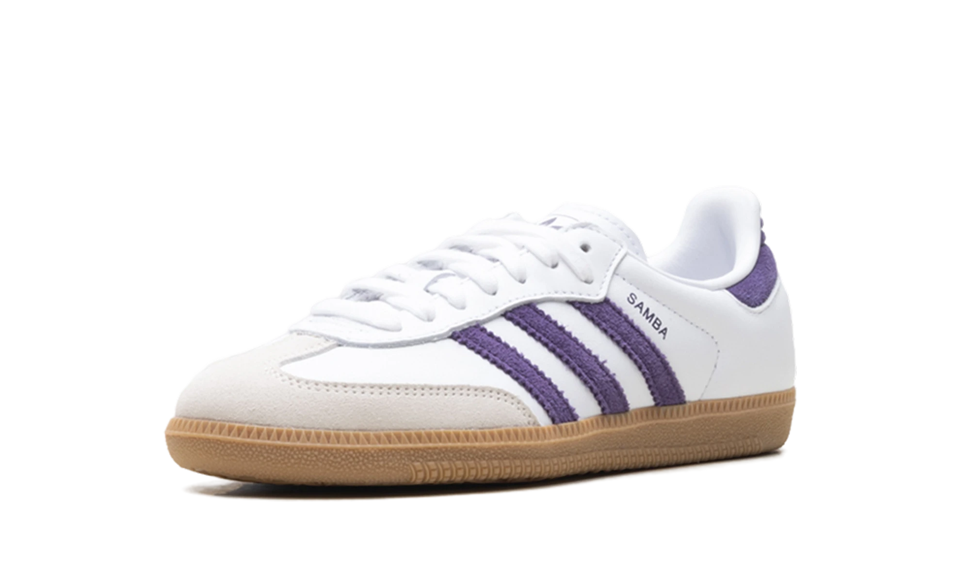 Sneaker Adidas Samba OG White Alumina Aurora Plum in leather white and purple, available in Europe — outer profile view.