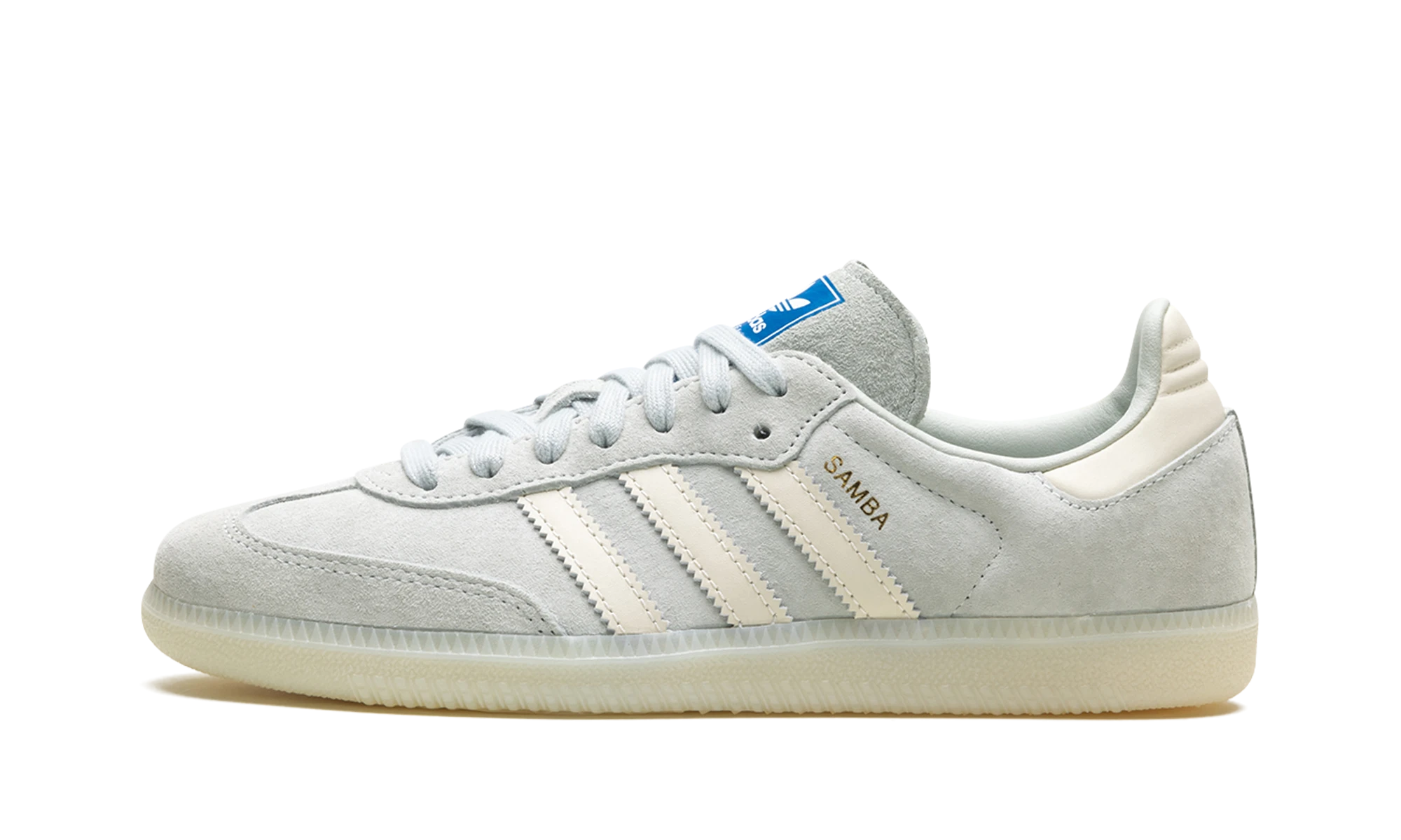 Tenisky Adidas Samba OG Wonder Silver (IG6177) z kůže stříbrný a bílý — pohled z vnějšího boku.