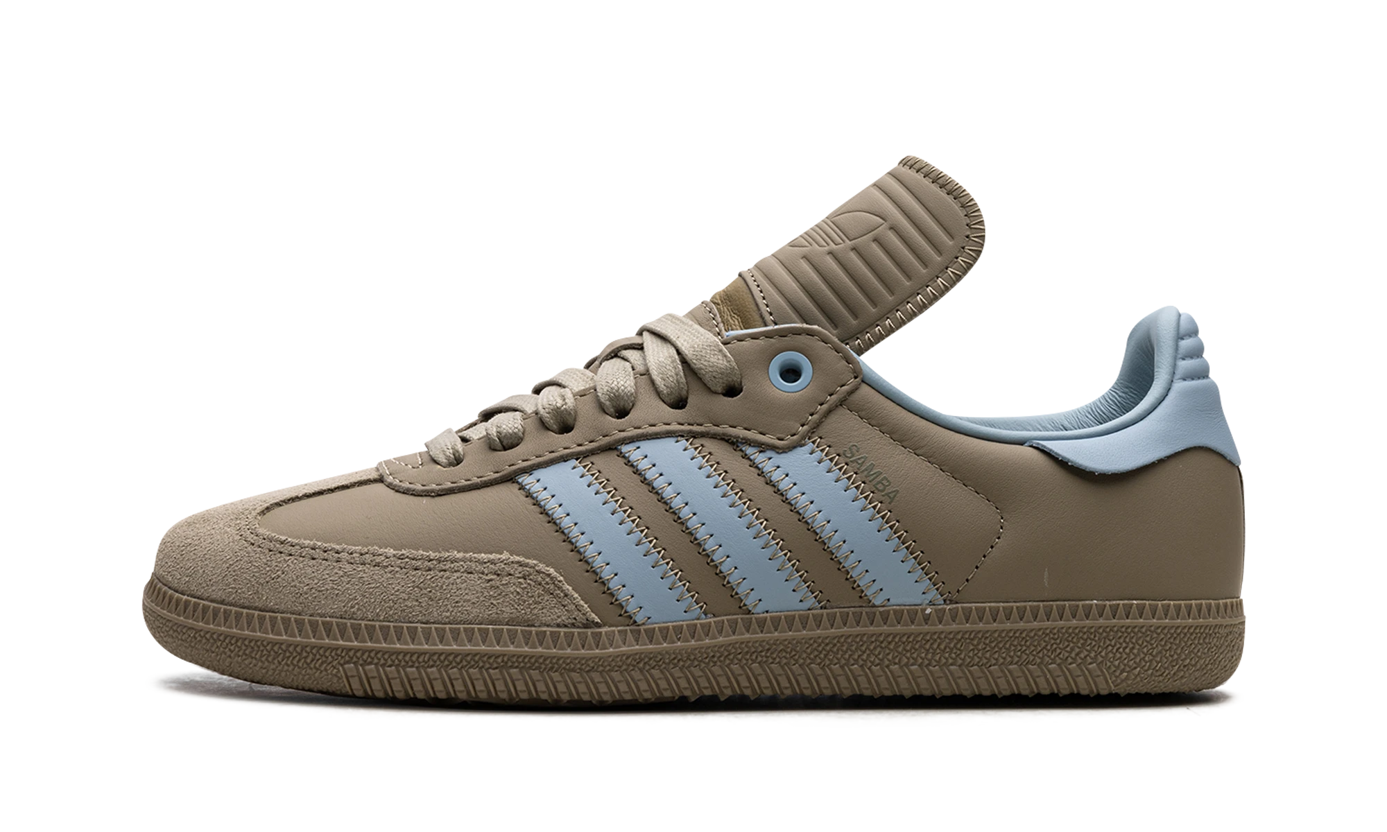 Sneaker Adidas Samba Pharrell Humanrace Orbit Green (ID8712) in leather green and grey — outer profile view.