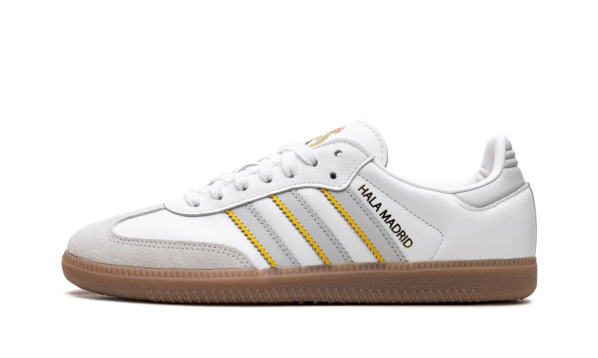 Scarpa Adidas Samba Real Madrid (JQ4038) in pelle bianco, grigio e marrone — vista profilo esterno.