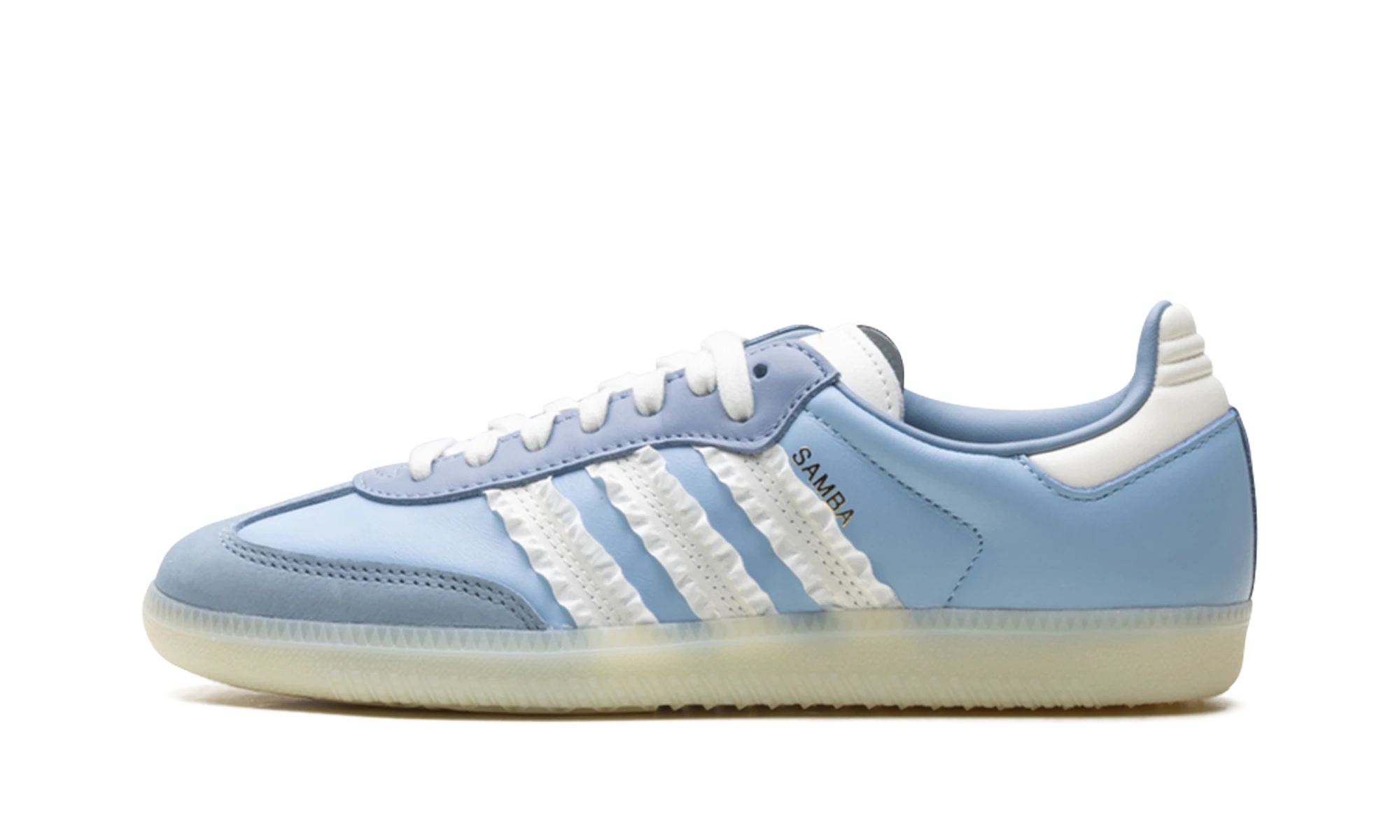 Scarpa Adidas Samba Ruffle Stripes Pack Clear Sky (JR8829) in pelle blu e bianco — vista profilo esterno.