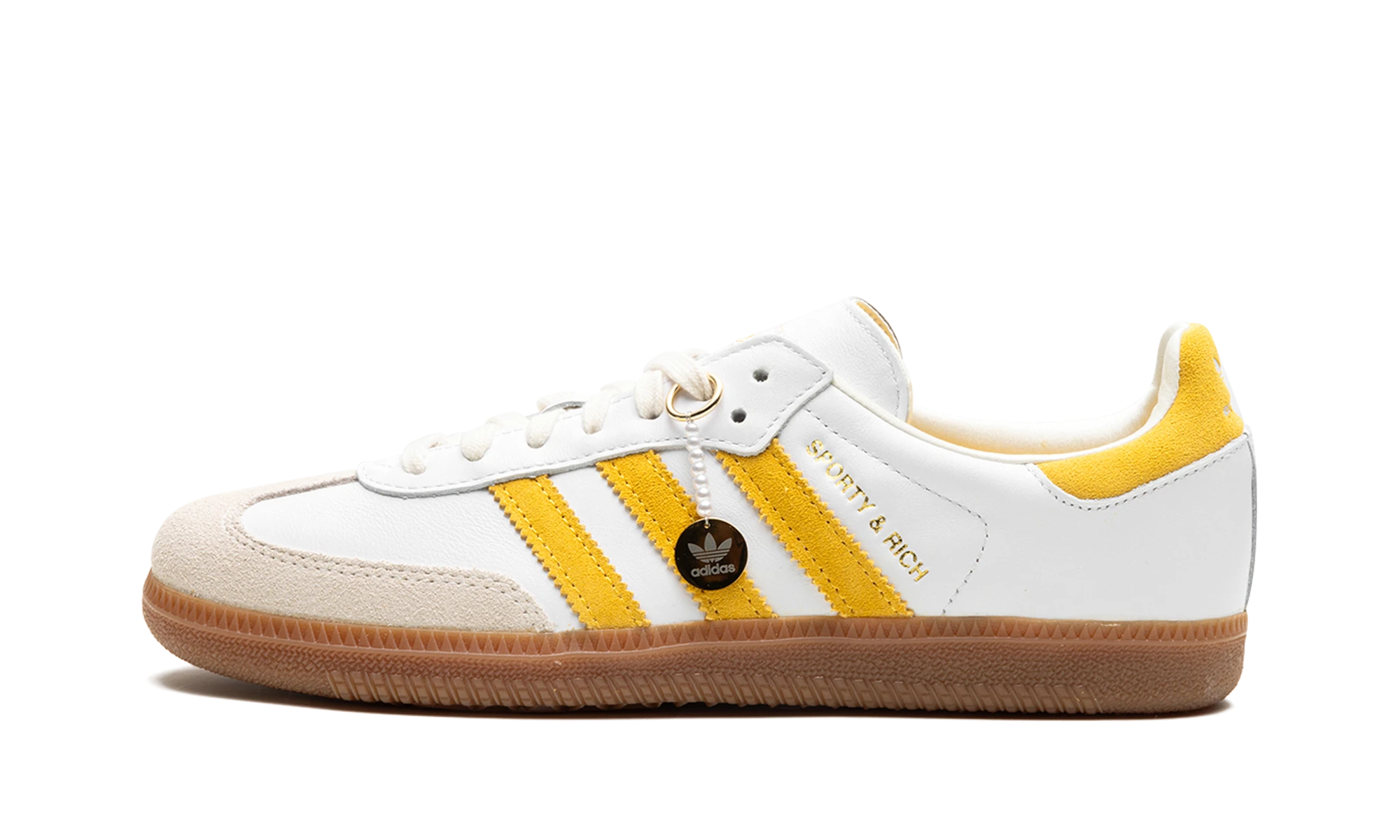 Scarpa Adidas Samba Sporty & Rich White Bold Gold (IF5661) in pelle bianco, oro e beige — vista profilo esterno.