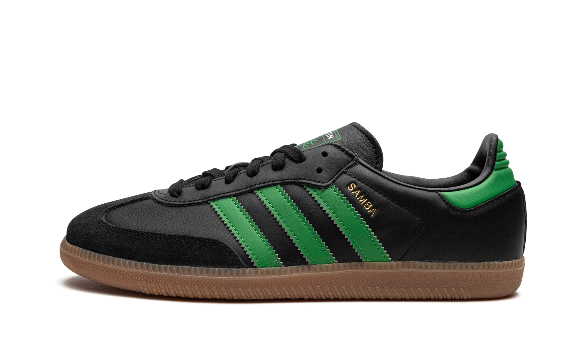 Detail of the inner side of the sneaker Adidas Samba Team Austin FC noir, vert et marron.
