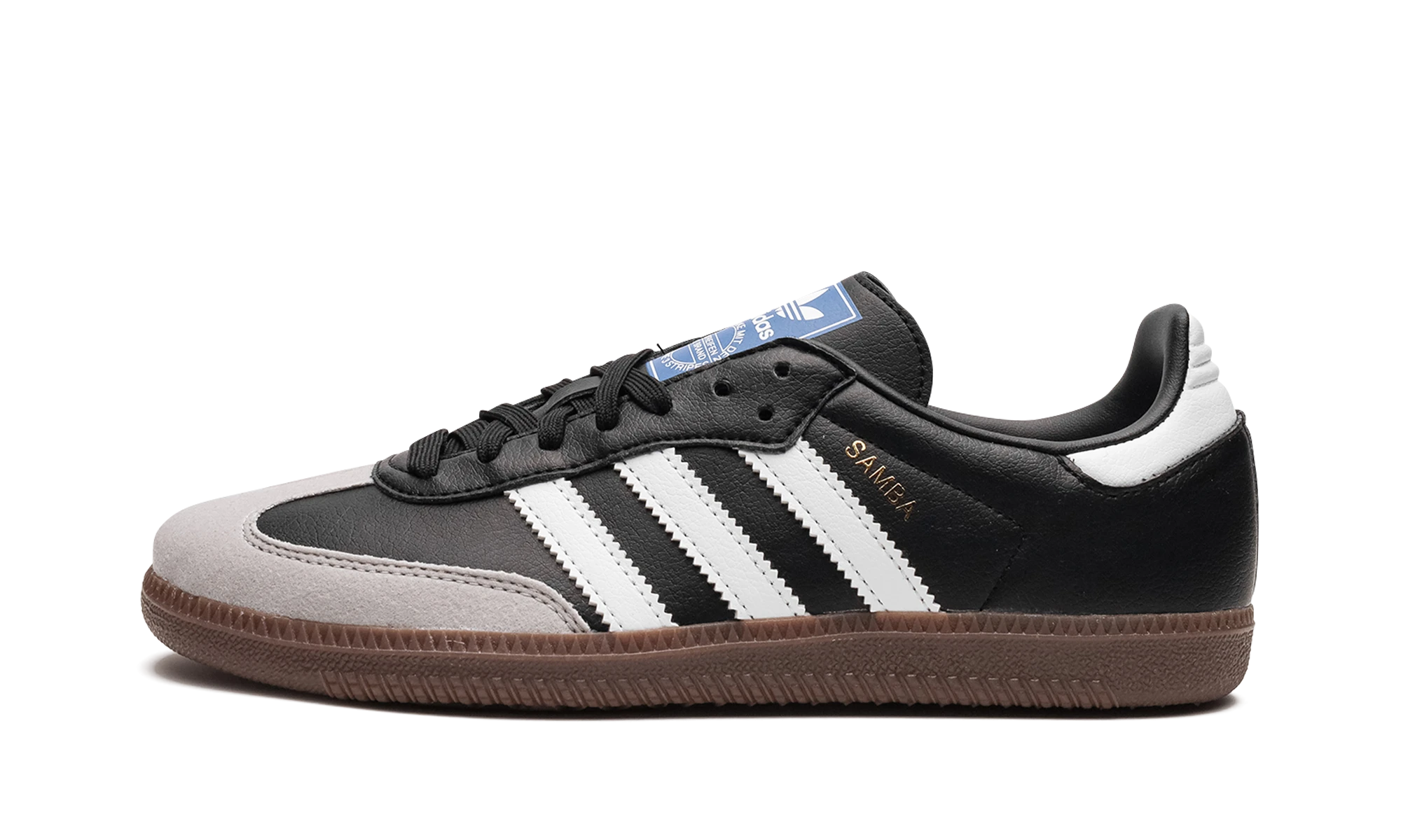 Detail of the inner side of the sneaker Adidas Samba Vegan Black Gum blanc, noir et marron.
