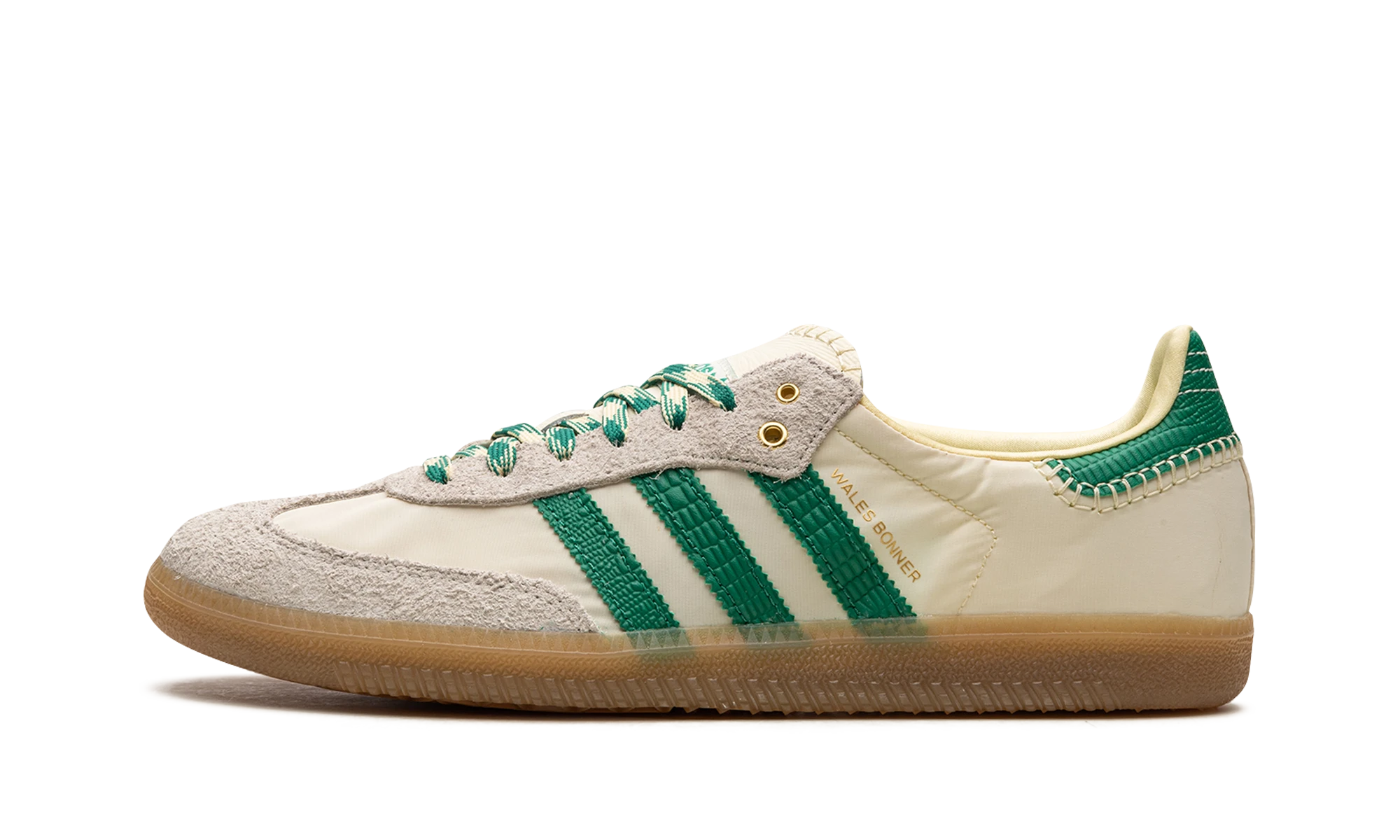 Scarpa Adidas Samba Wales Bonner Cream Green (GY4344) in pelle beige, verde e marrone — vista profilo esterno.