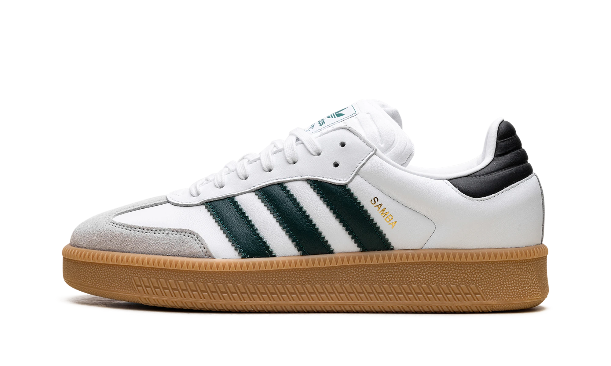 Zapatilla Adidas Samba XLG Cloud White Collegiate Green (IE9181) en cuero blanco y verde — vista de perfil exterior.