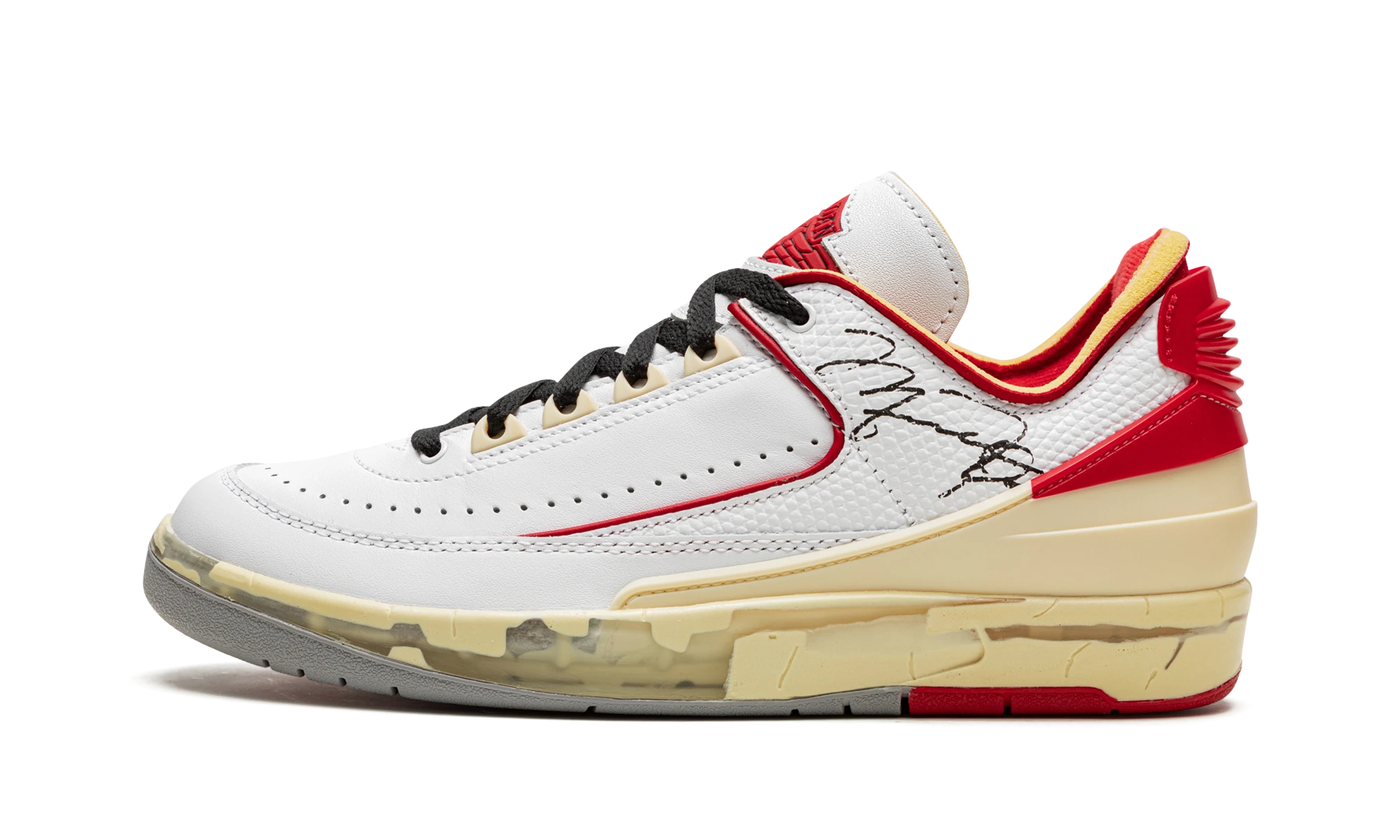 Sneaker Air Jordan Jordan 2 Retro Low SP Off-White White Red in leather white, beige and red, available in Europe — outer profile view.