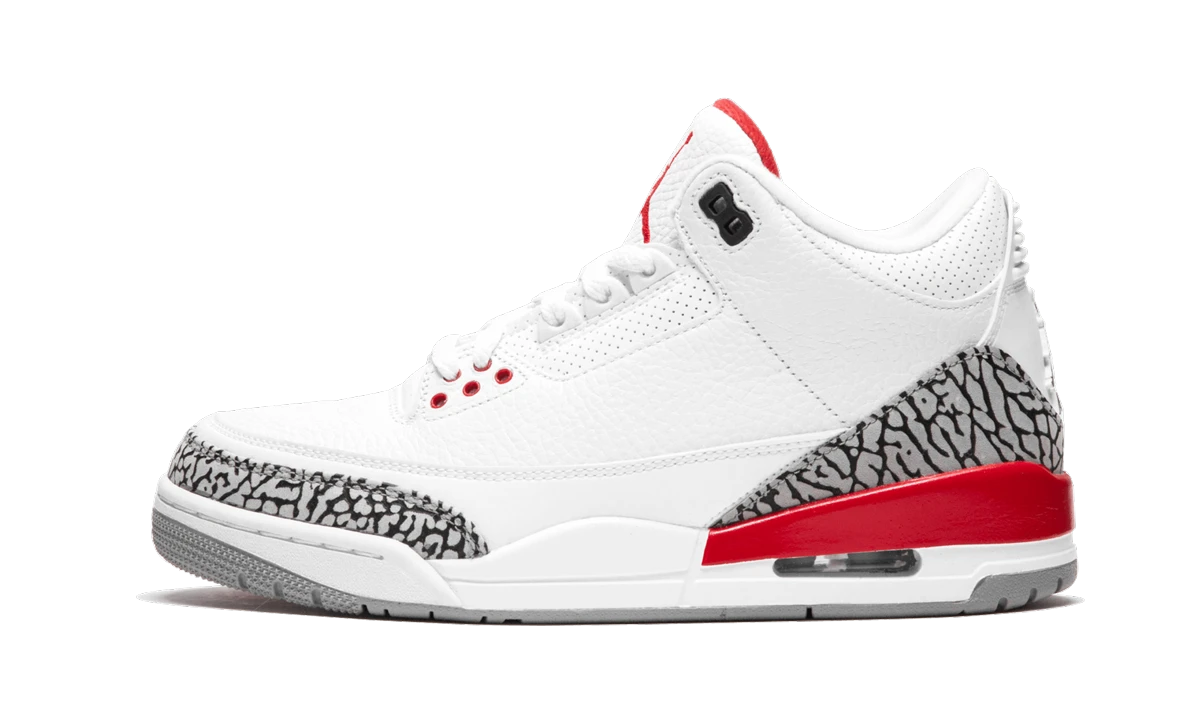 Sneaker Air Jordan Jordan 3 Retro Hall of Fame in leather white, red and grey, available in Europe — outer profile view.