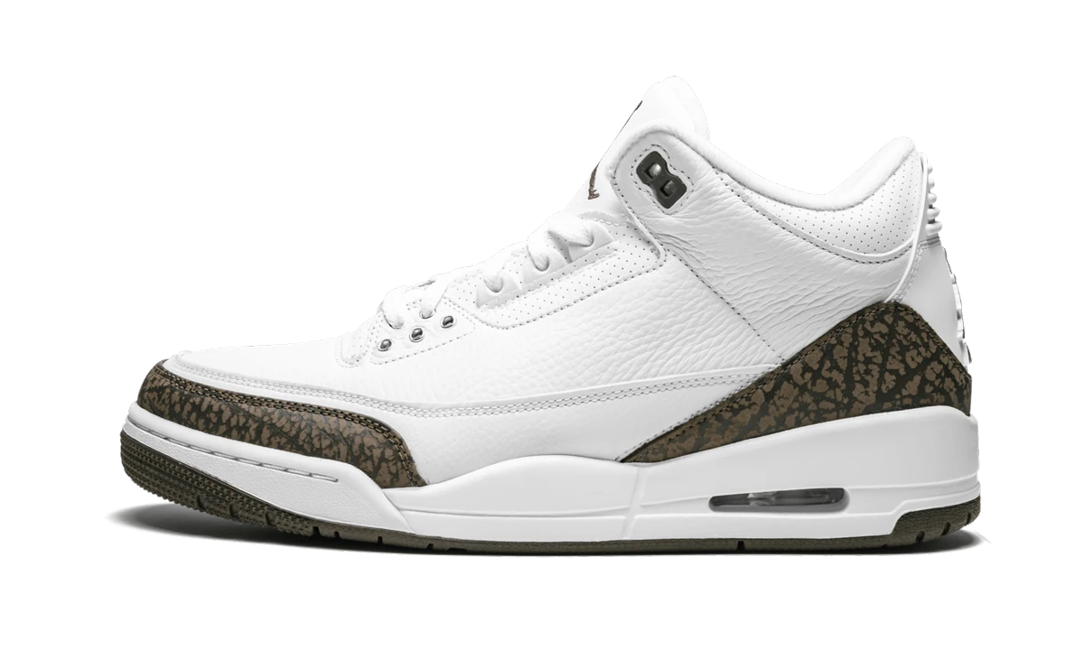 Sneaker Air Jordan Jordan 3 Retro Mocha in leather white, black and brown, available in Europe — outer profile view.