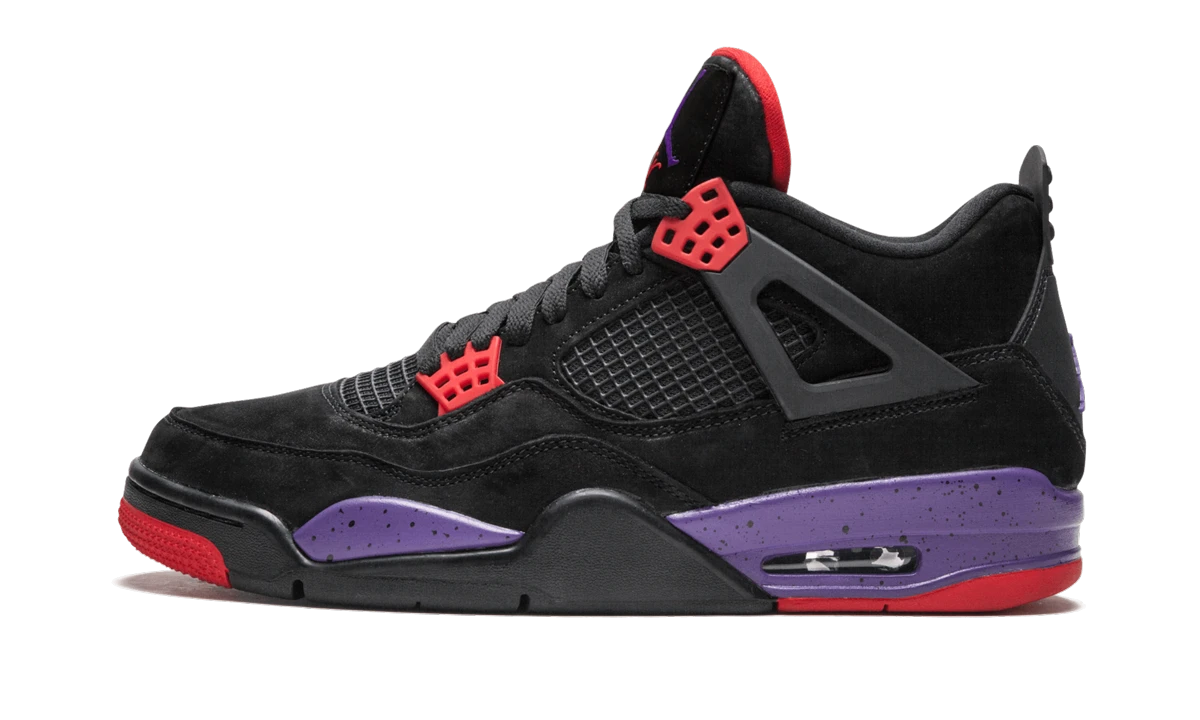 Sneaker Air Jordan Jordan 4 Retro Raptors Drake OVO (AQ3816-056) in leather black, purple and red — outer profile view.