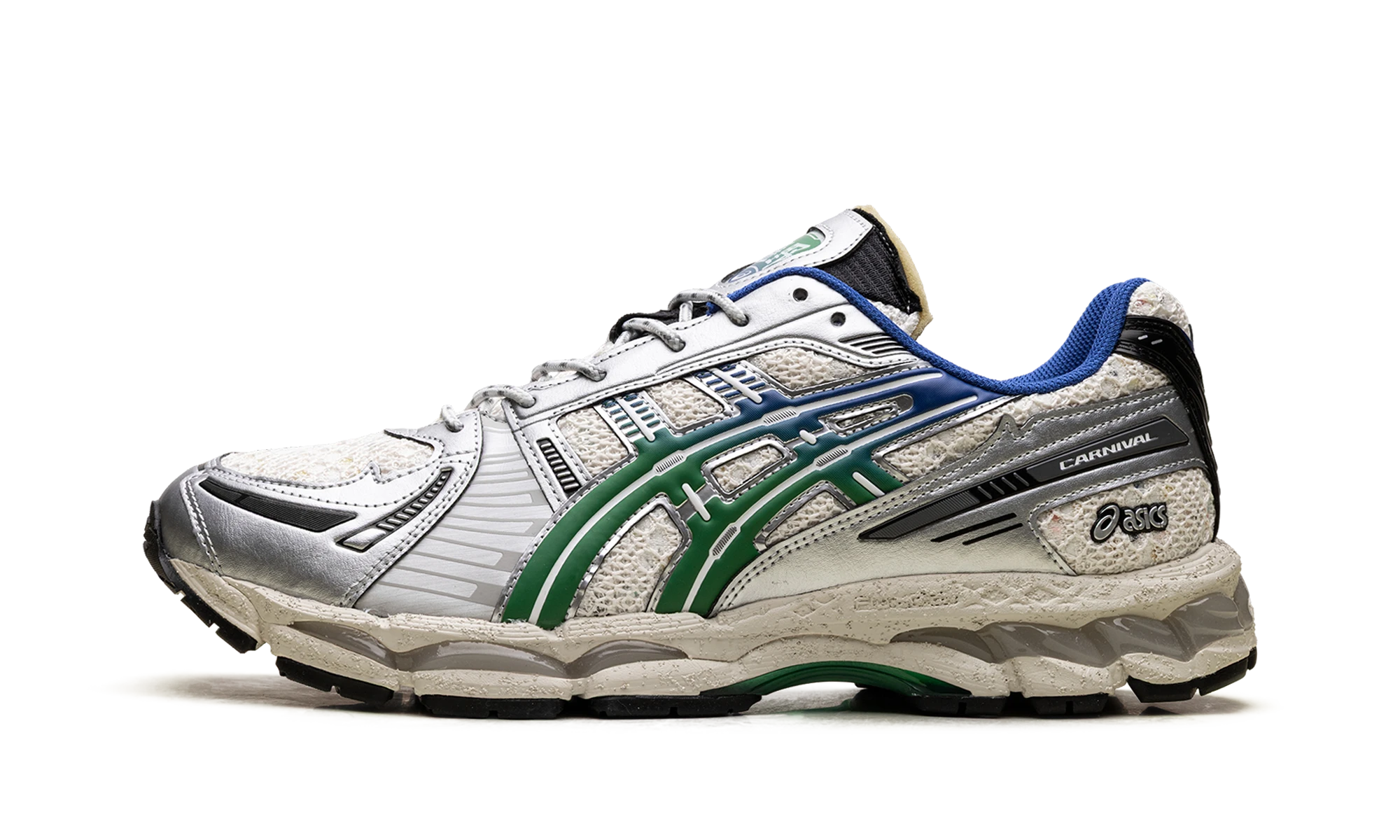 Sneaker ASICS Gel-Kayano 12.1 CARNIVAL Hidden Layers of Phra Nakhon (1203A916-100) in leather beige and green — outer profile view.