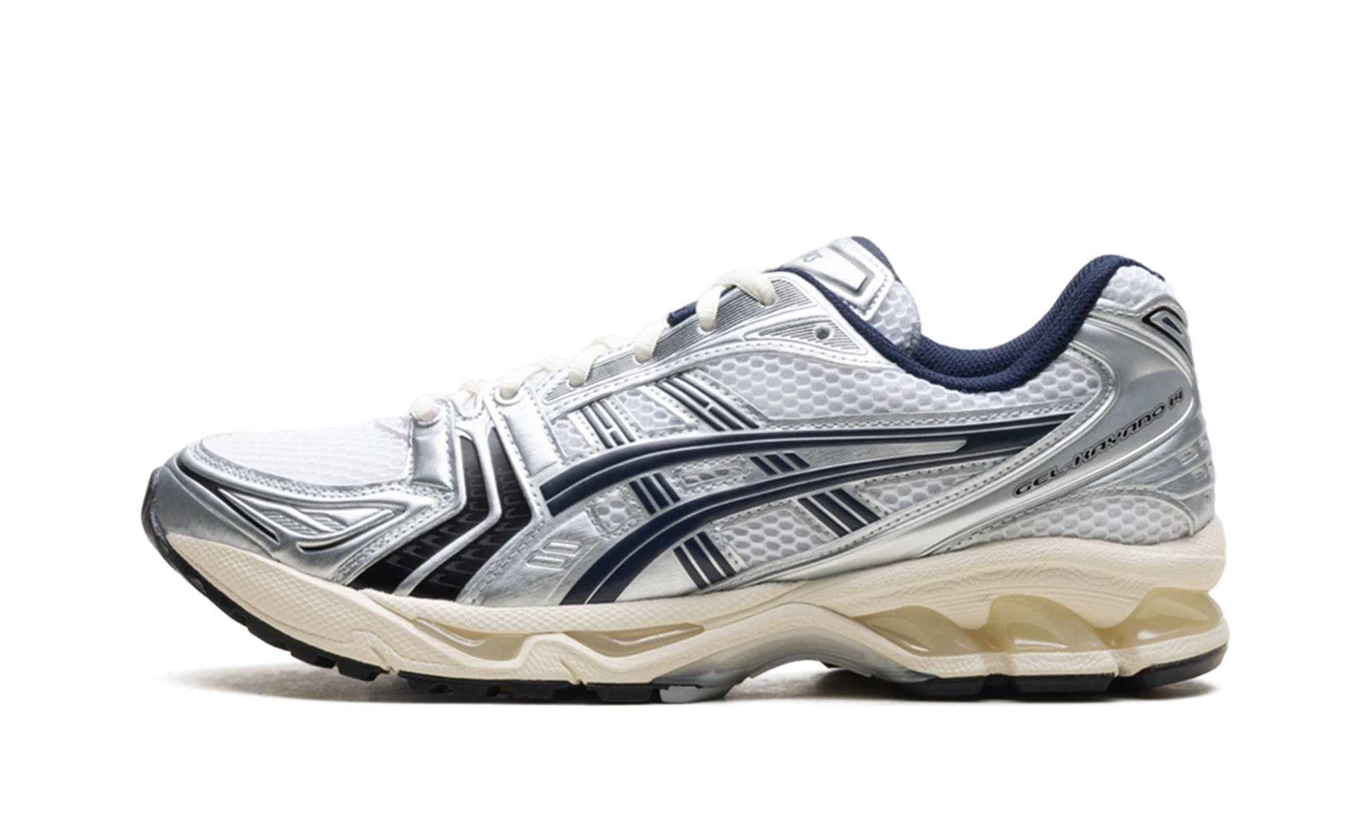 Sneaker ASICS Gel-Kayano 14 JJJJound White Navy (1203A961-100) in leather white and blue — outer profile view.