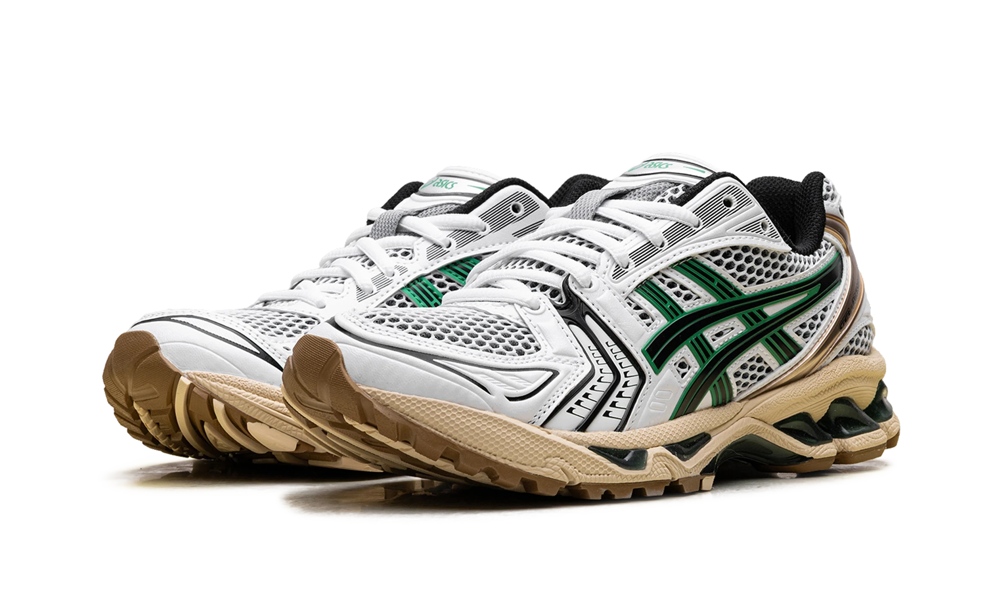 Detail of the inner side of the sneaker ASICS Gel-Kayano 14 White Hinoki Beige blanc et beige.
