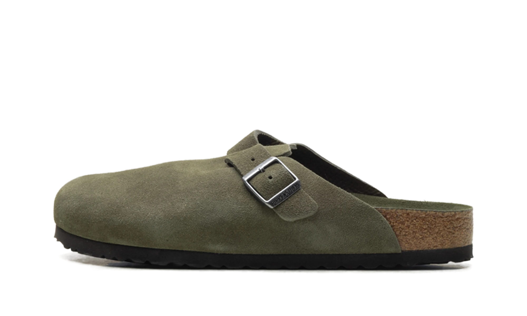Sneaker Birkenstock Boston Soft Footbed Suede Thyme Tonal in leather, available in Europe — outer profile view.
