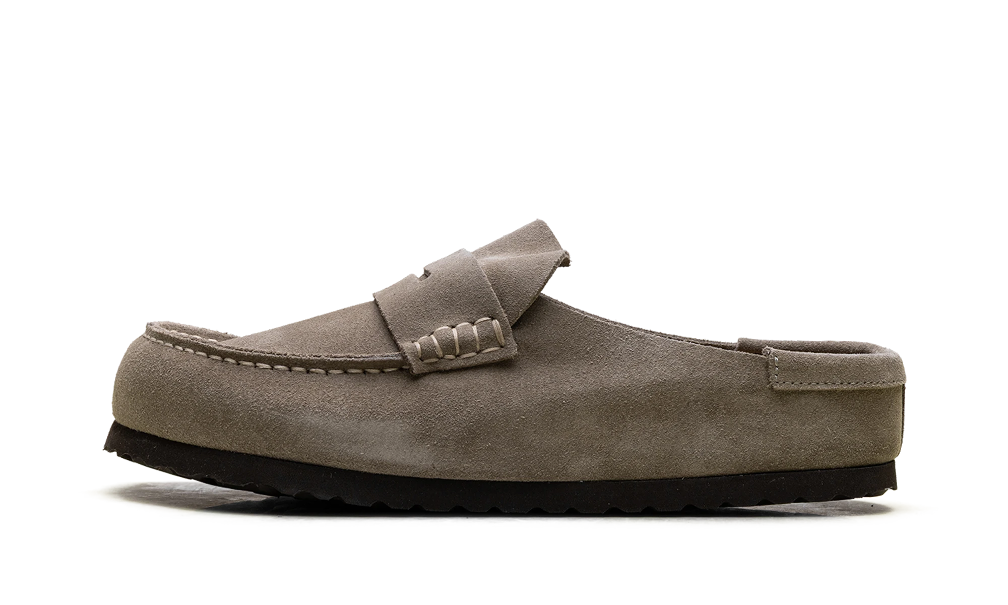 Sneaker Birkenstock Naples Wrapped Suede Leather Taupe in leather beige, available in Europe — outer profile view.