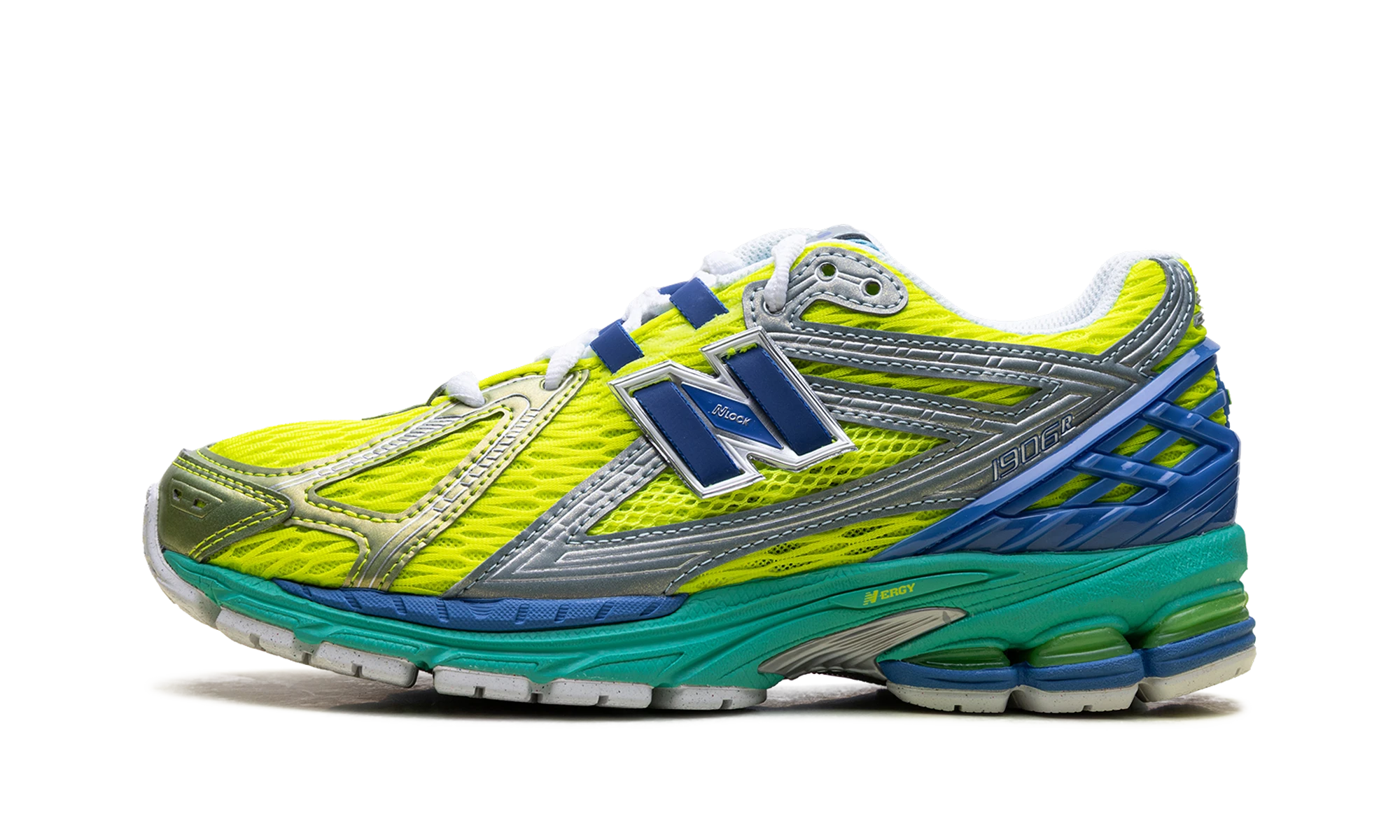 Sneaker New Balance 1906R Alkaline Green Blue Bird (U19063EN) in leather green and blue — outer profile view.