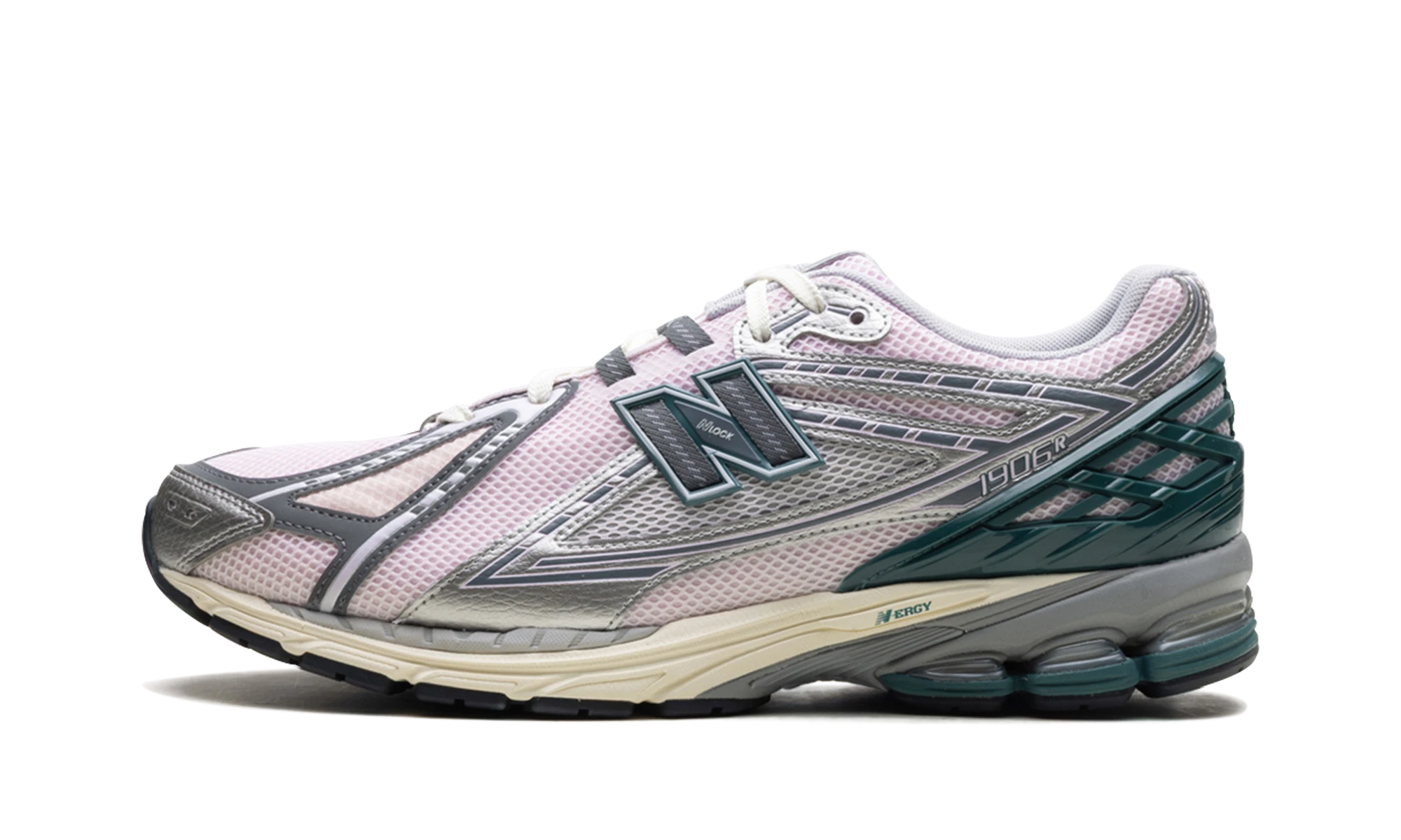 Sneaker New Balance 1906R Granite Metallic Pink in leather grey and pink, available in Europe — outer profile view.