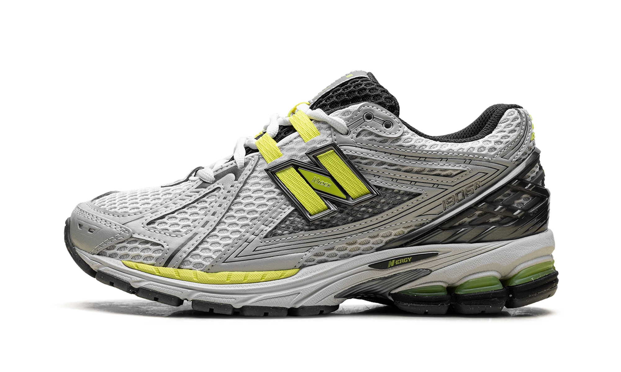 Sneaker New Balance 1906R Light Silver Metallic Alkaline Green (U190652H) in leather silver and green — outer profile view.