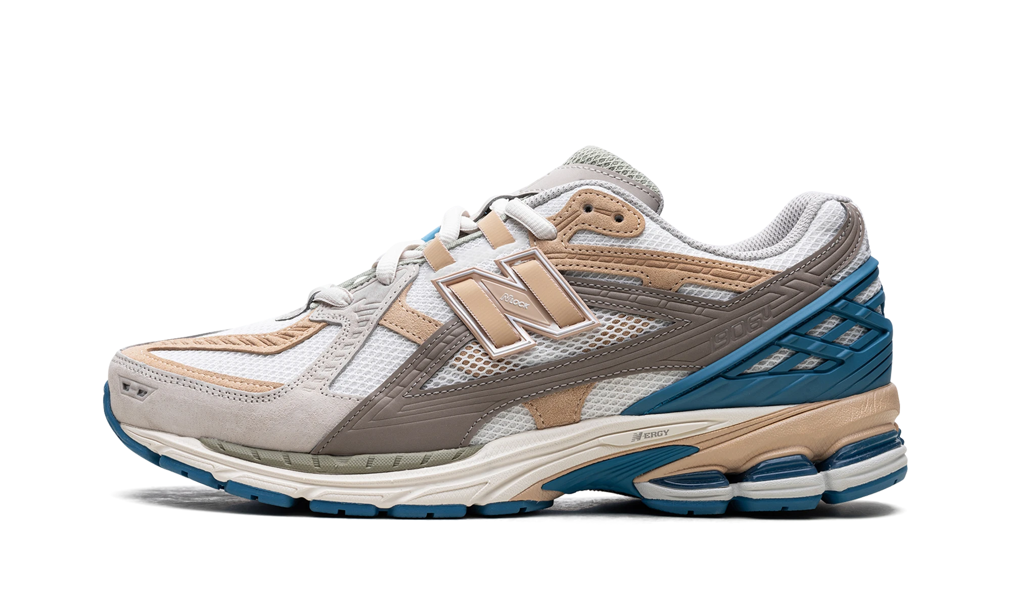 Sneaker New Balance 1906U Concepts Hours and Days in mesh beige and blue, available in Europe — outer profile view.