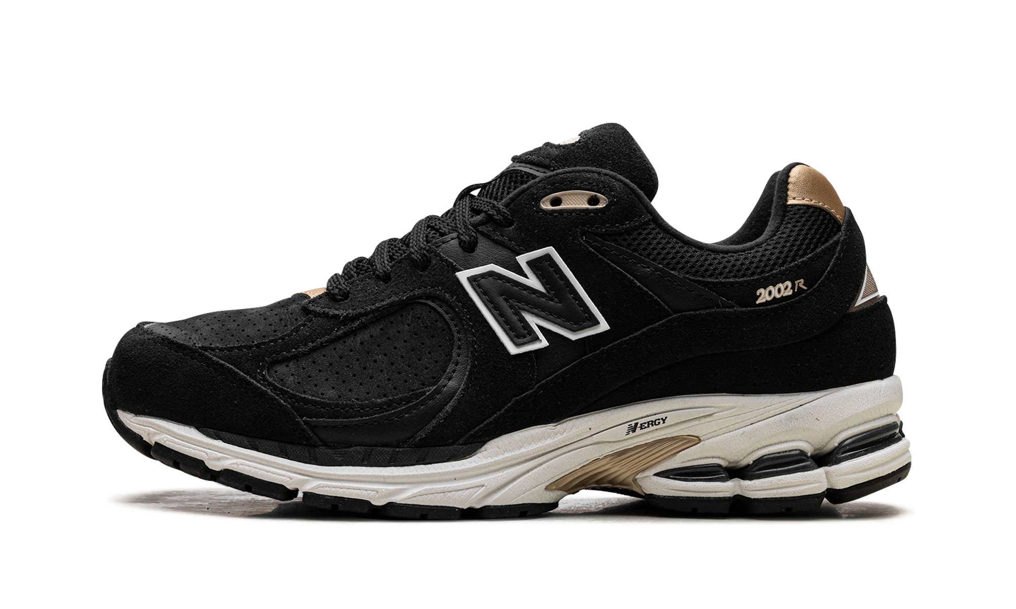 Sneaker New Balance 2002R Foot Locker 50th Anniversary (M2002RFX) in leather black and gold — outer profile view.