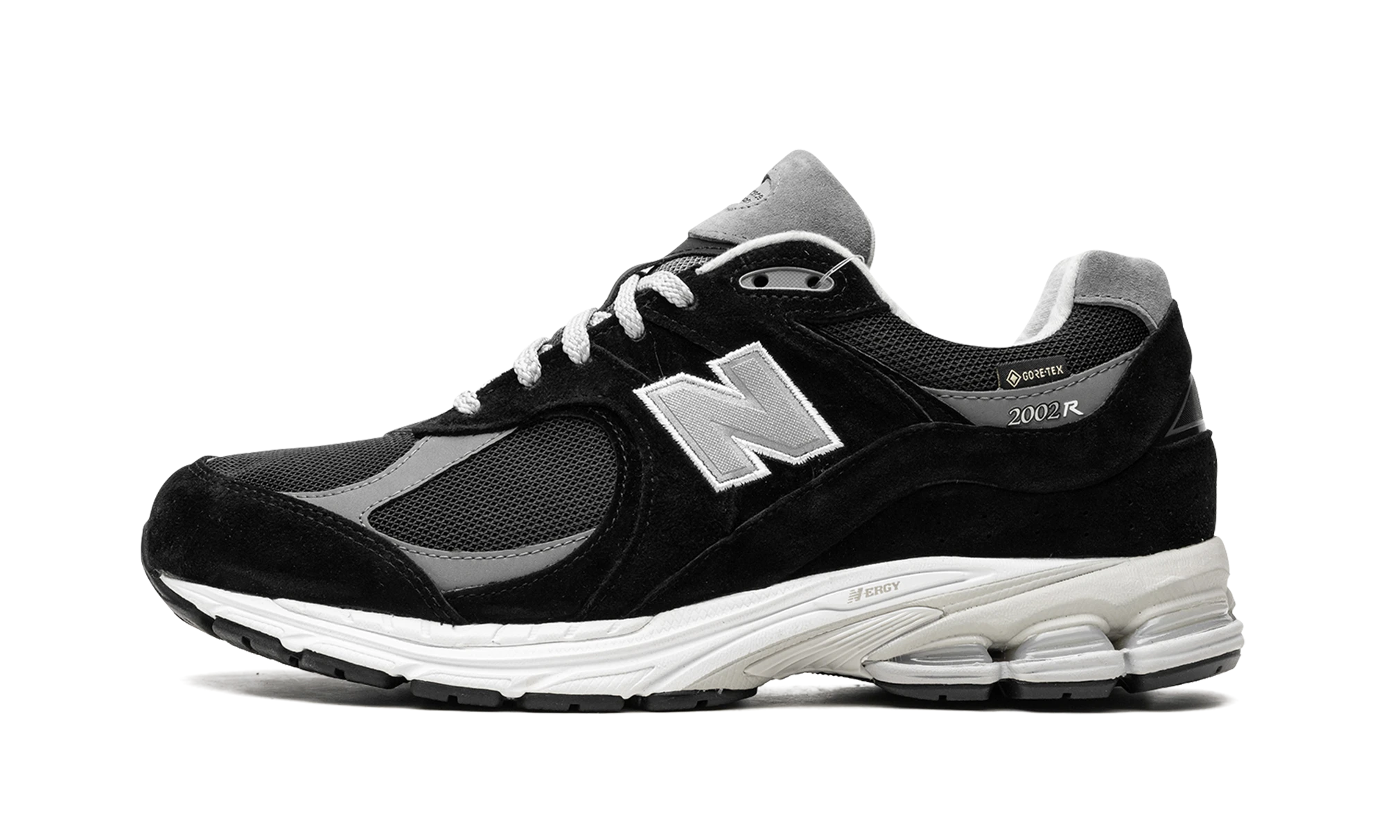 Sneakersy New Balance 2002R Gore-Tex Black Castlerock (M2002RXD) z skóra czarny i szary — widok z zewnętrznego boku.