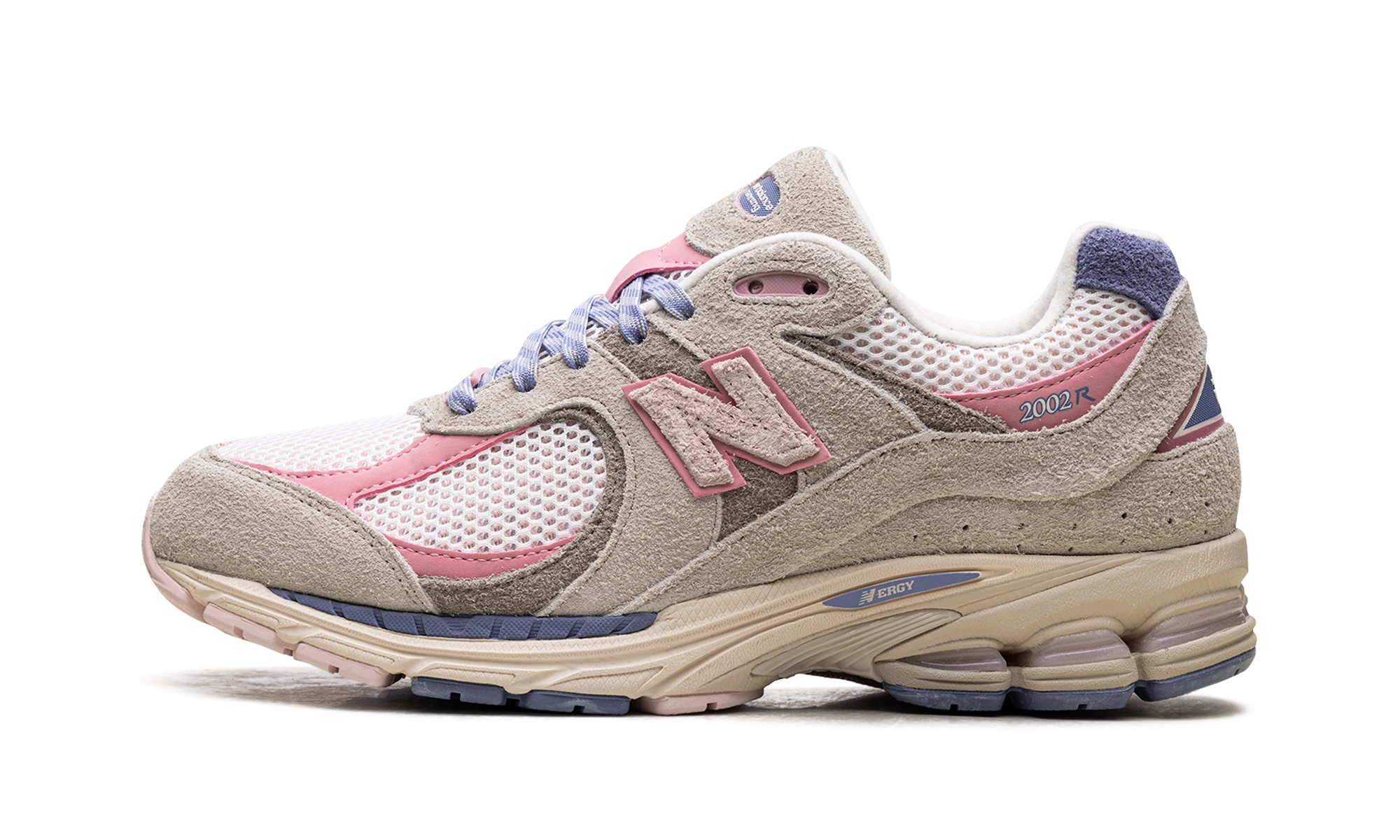 Sneaker New Balance 2002R Hype DC Native Dynamics (M2002RHE) in leather pink and blue — outer profile view.