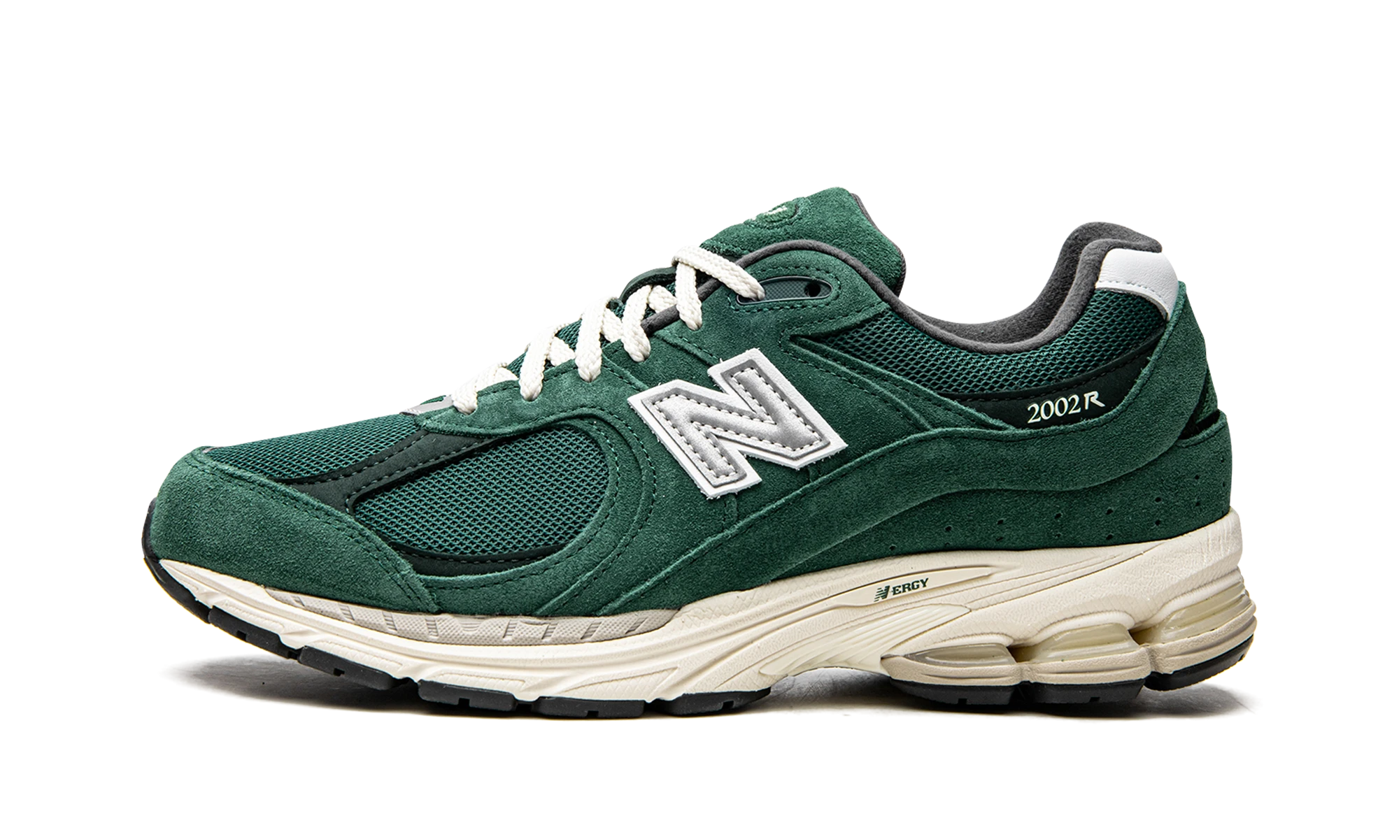 Sneaker New Balance 2002R Nightwatch Green (M2002RHB) in leather green, white and grey — outer profile view.