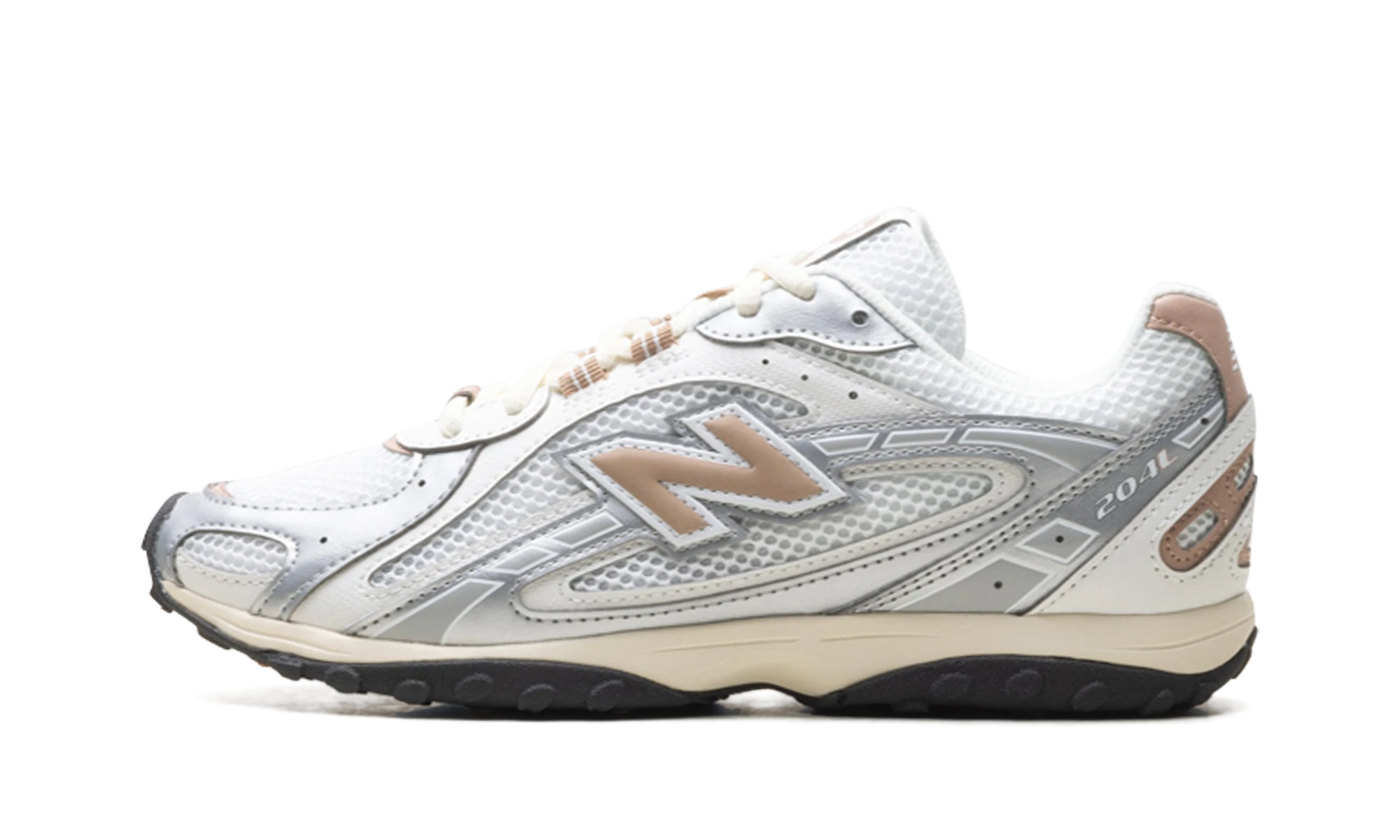 Sneaker New Balance 204L Silver Metallic Flat Taupe in leather silver and beige, available in Europe — outer profile view.
