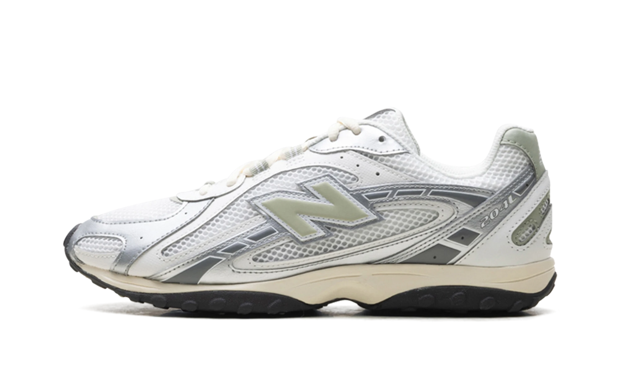 Sneaker New Balance 204L Silver Metallic Sage Green in leather silver and green, available in Europe — outer profile view.
