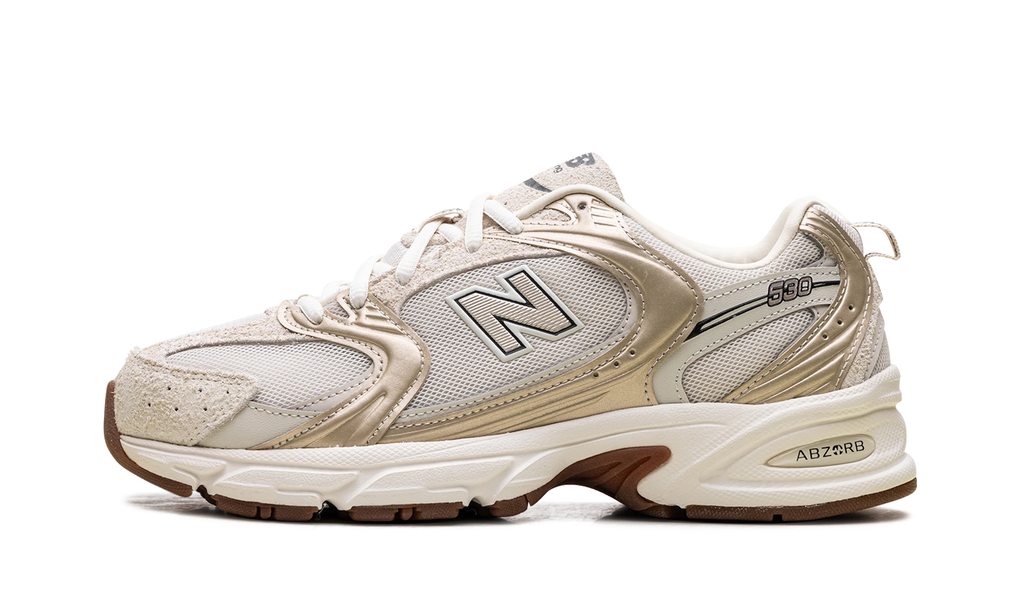 Sneaker New Balance 530 Atmost Autumn Festival in leather gold, available in Europe — outer profile view.
