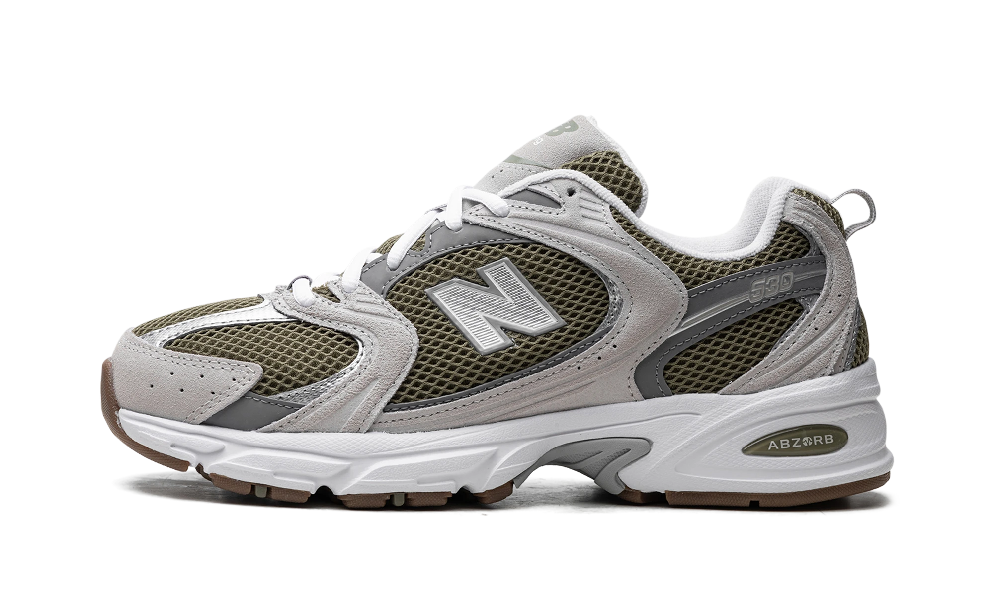 Sneaker New Balance 530 Dark Olivine in leather black and grey, available in Europe — outer profile view.