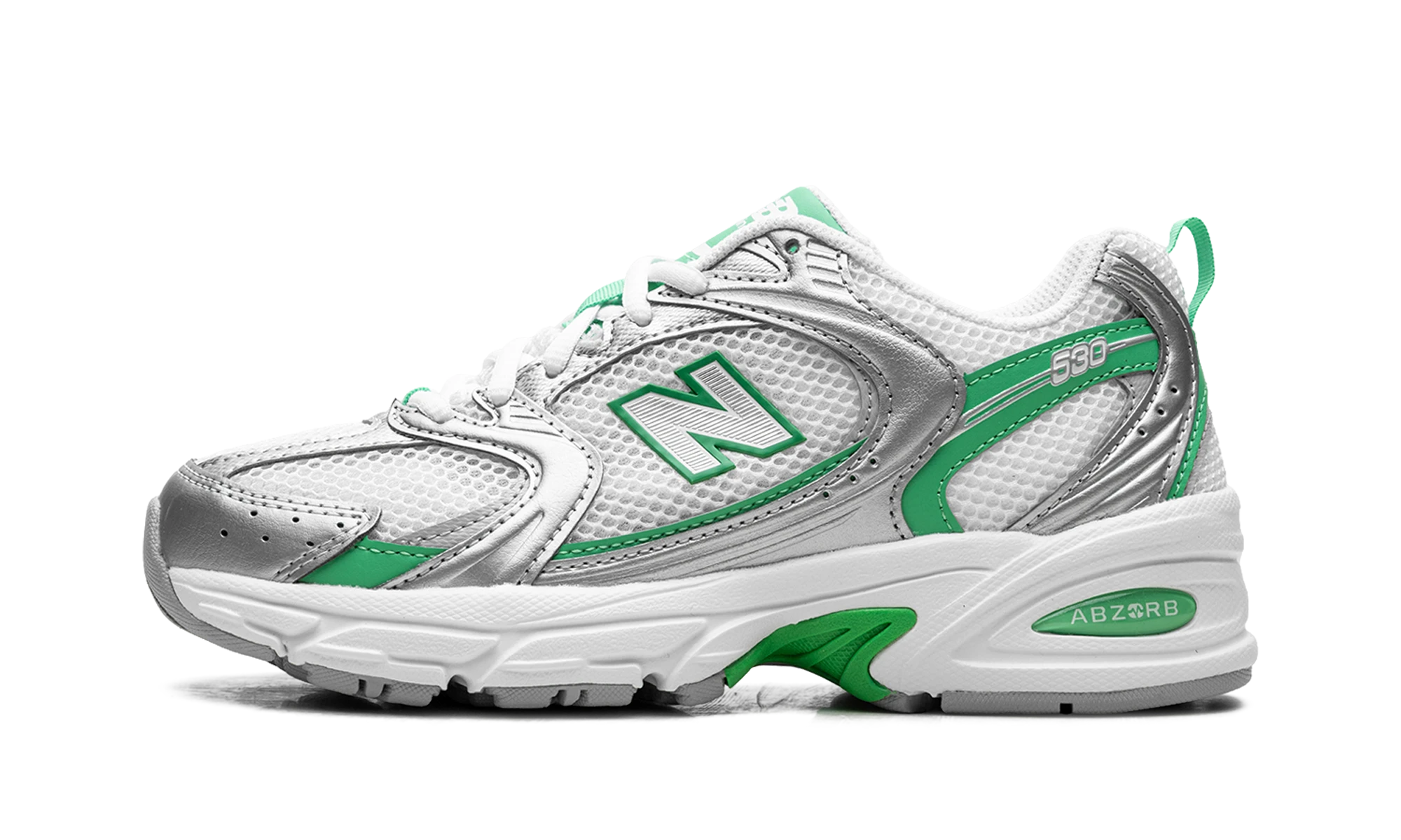 Sneaker New Balance 530 Green Apple Silver Metallic in leather green, silver and white, available in Europe — outer profile view.