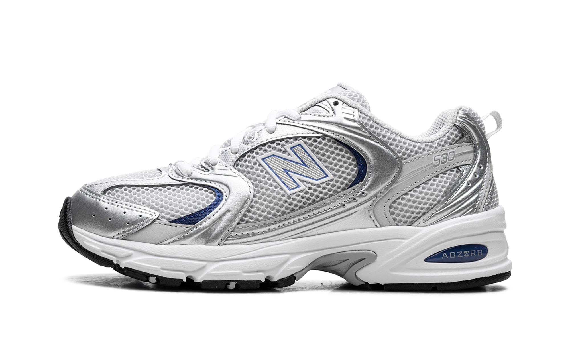 Sneaker New Balance 530 Light Grey Silver Blue in leather grey, silver and blue, available in Europe — outer profile view.