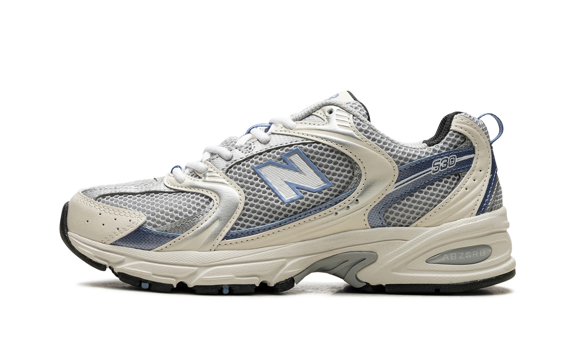 Sneaker New Balance 530 Steel Blue in leather blue, grey and white, available in Europe — outer profile view.