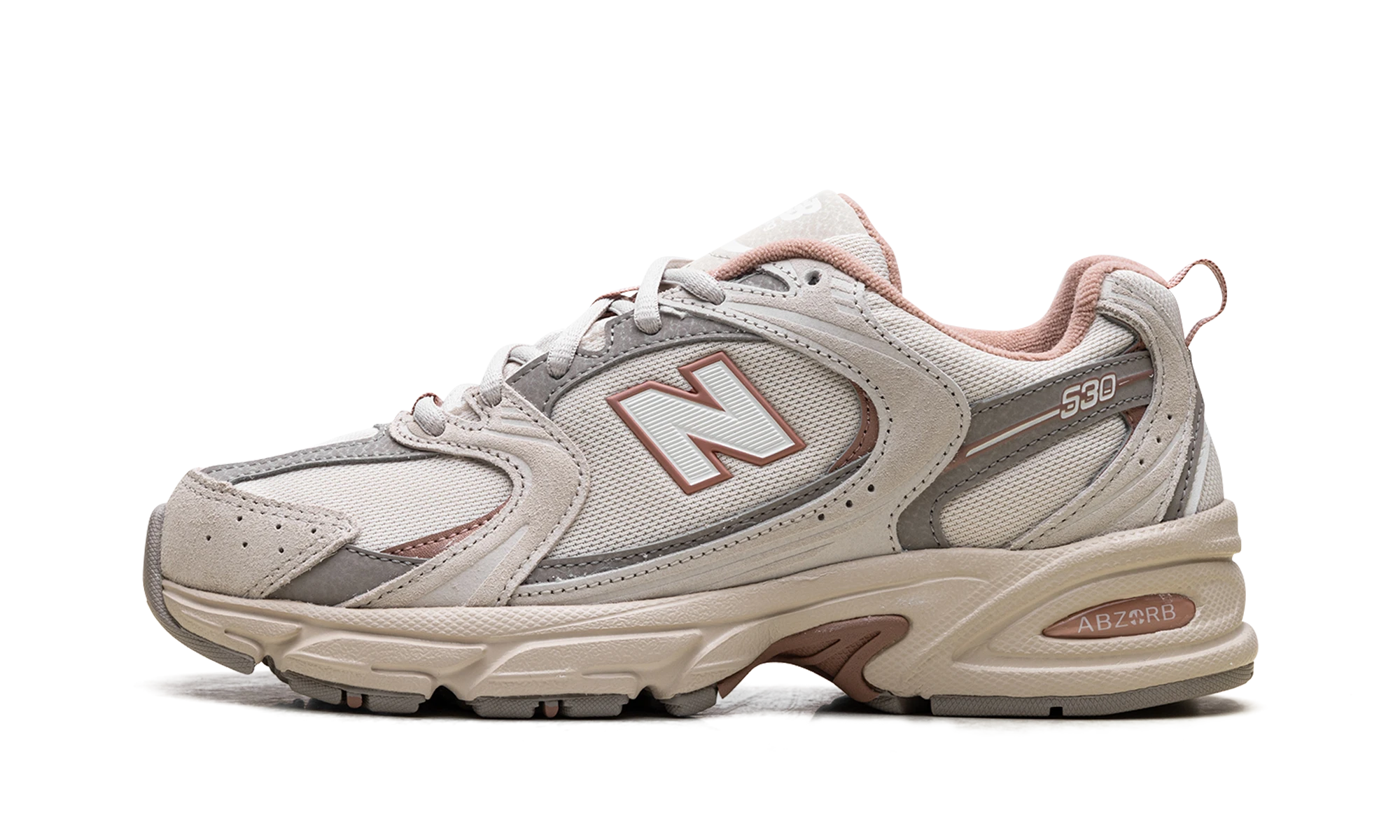 Sneaker New Balance 530 Timberwolf Linen Landslide in leather beige, available in Europe — outer profile view.