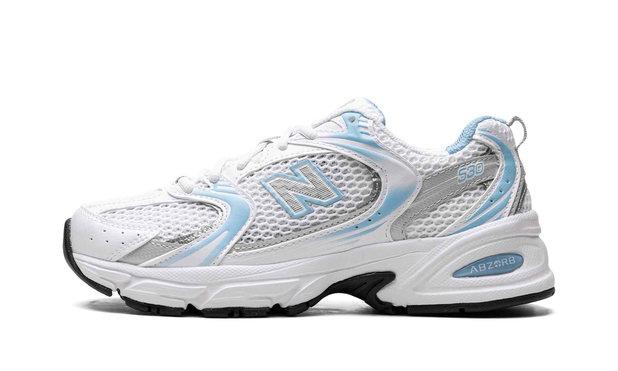 Sneaker New Balance 530 White Blue Haze in leather white and blue, available in Europe — outer profile view.