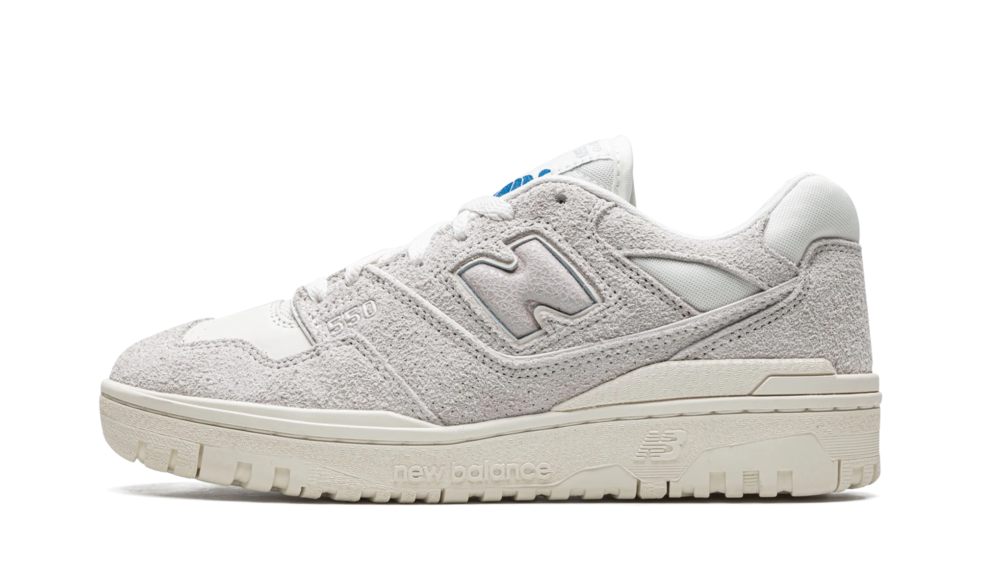 Sneaker New Balance 550 Aime Leon Dore Grey Suede (BB550AC1) in leather grey, white and blue — outer profile view.
