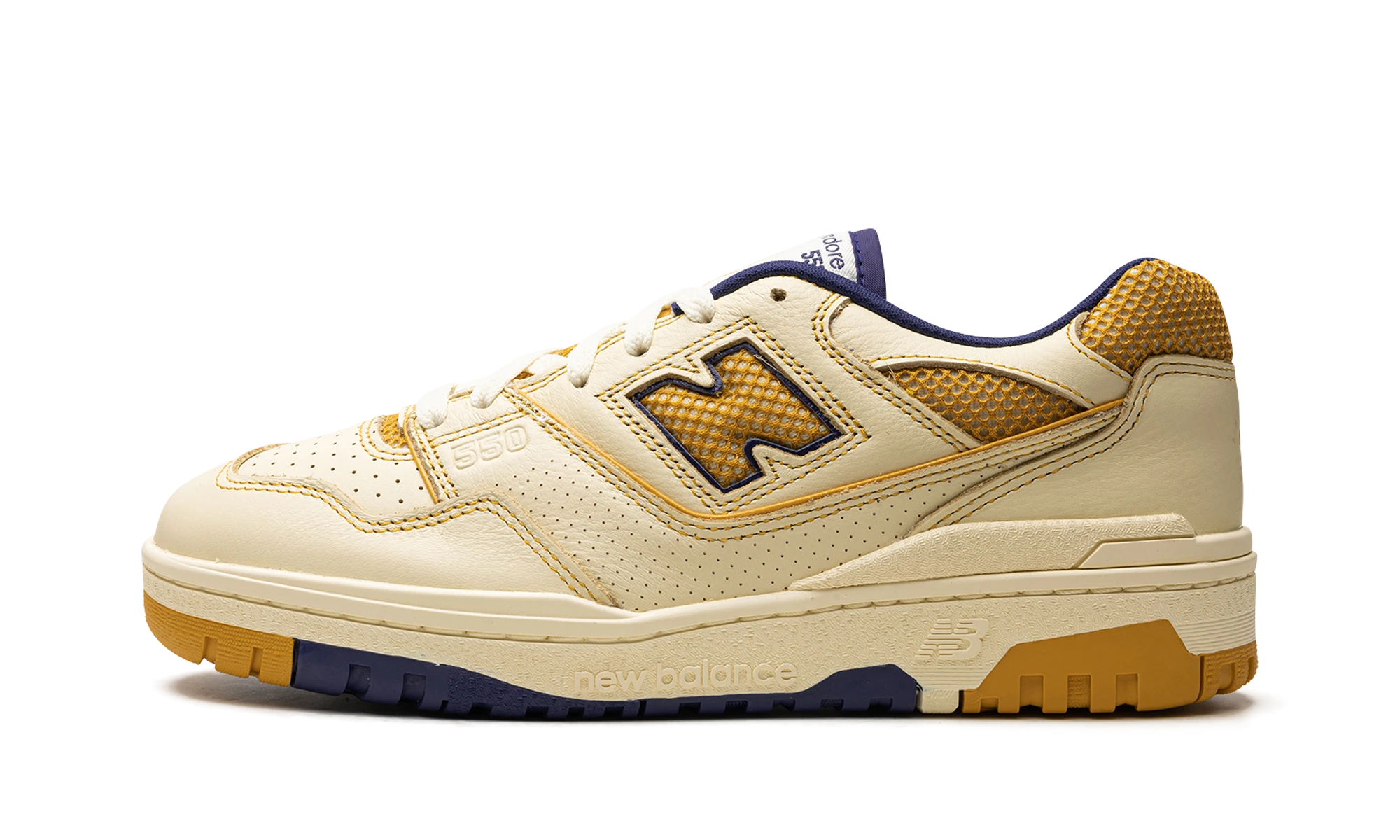 Sneaker New Balance 550 Aime Leon Dore Masaryk Community Gym Yellow (BB550AX1) in leather blue and yellow — outer profile view.