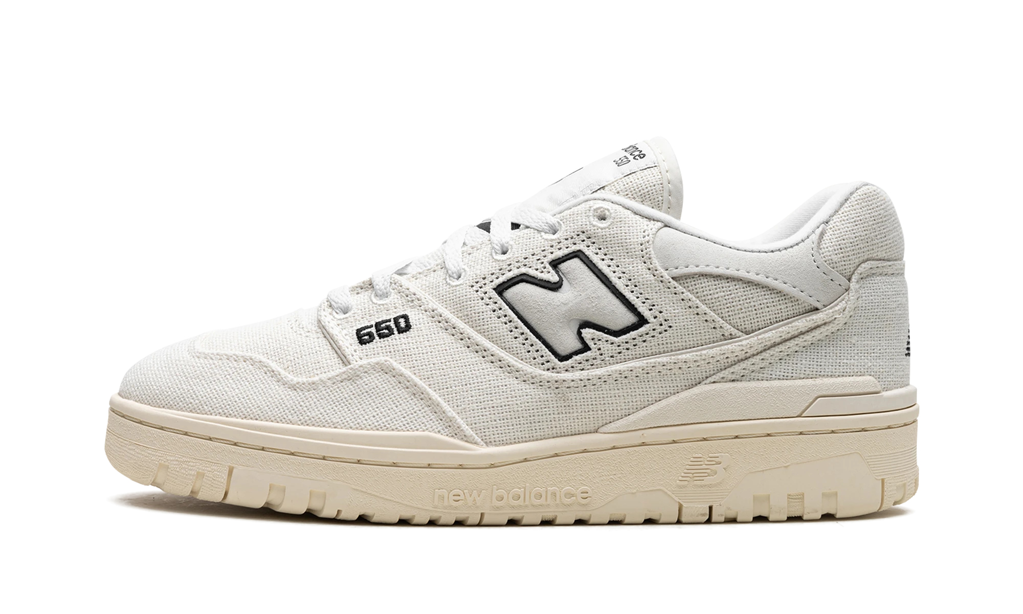 Sneaker New Balance 550 Rattan Sea Salt (BB550MDA) in leather white and black — outer profile view.