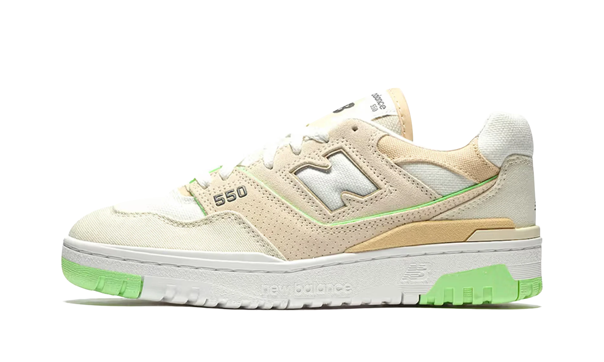 Sneaker New Balance 550 Turtledove Green Aura (BBW550FB) in leather green — outer profile view.