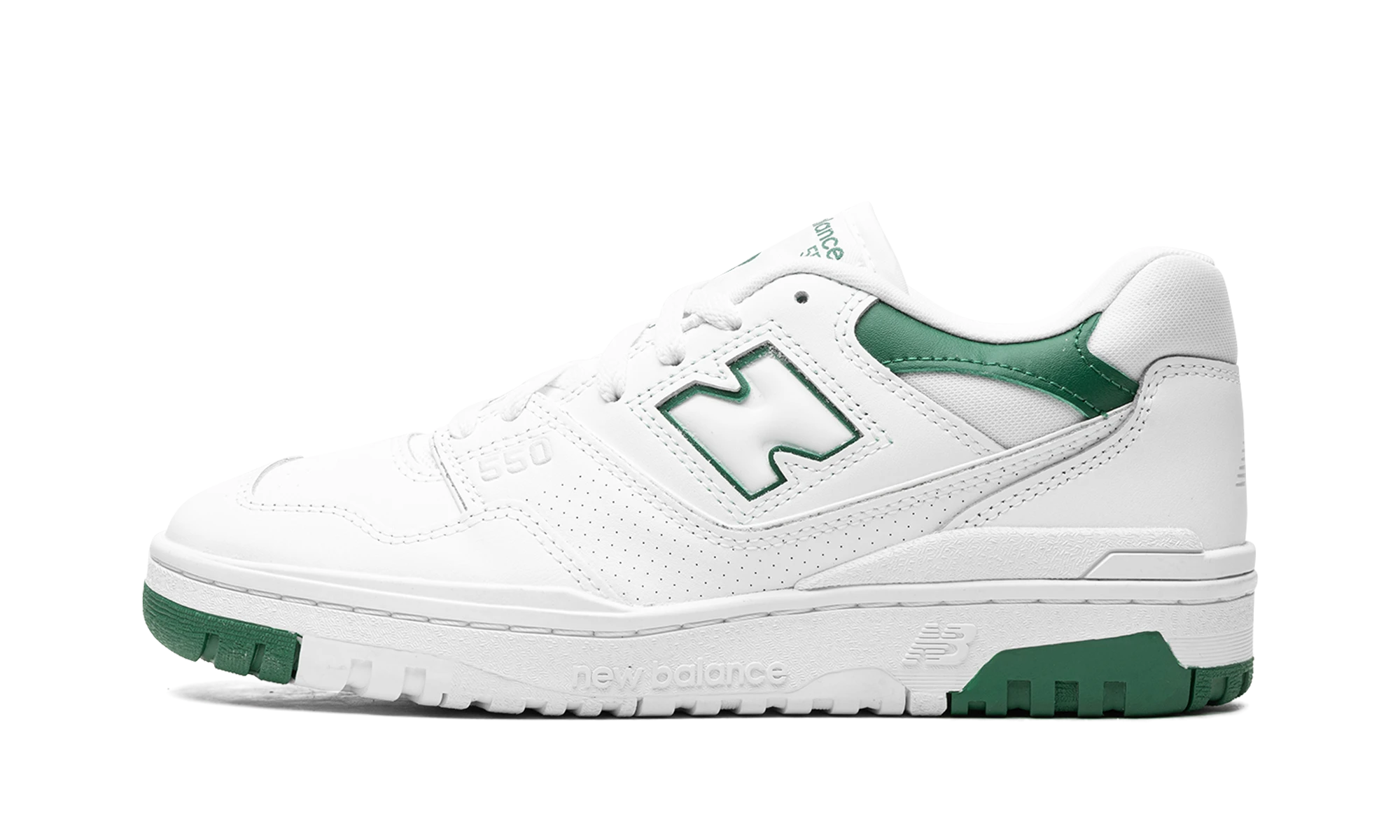 Sneaker New Balance 550 White Classic Green (BB550SWB) in leather white, grey and green — outer profile view.
