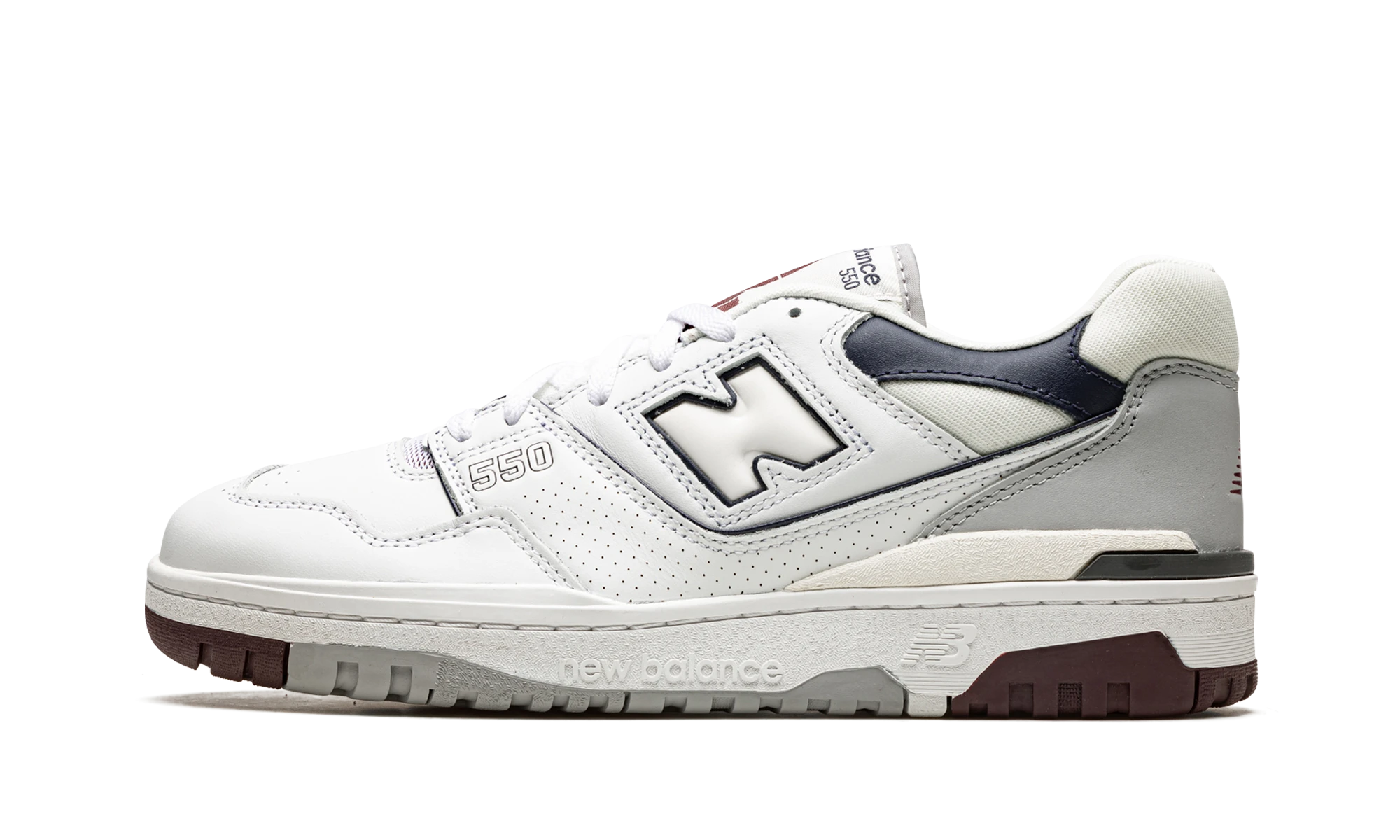 Sneaker New Balance 550 White Natural Indigo Burgundy (BB550PWB) in leer wit, blauw en bruin — zijaanzicht.