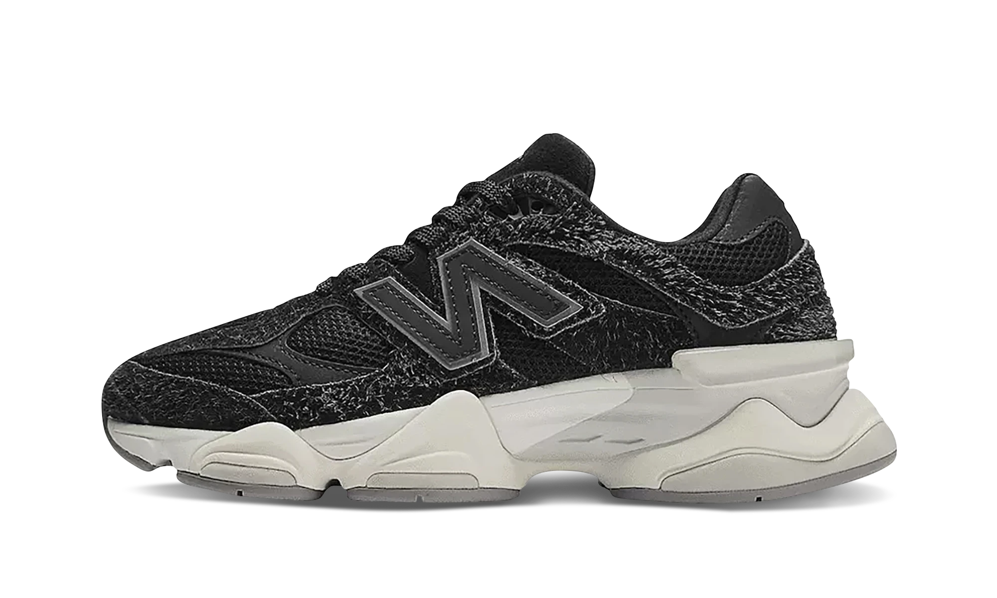 Sneaker New Balance 9060 Black Sea Salt (U9060HSD) in leer zwart, wit en grijs — zijaanzicht.