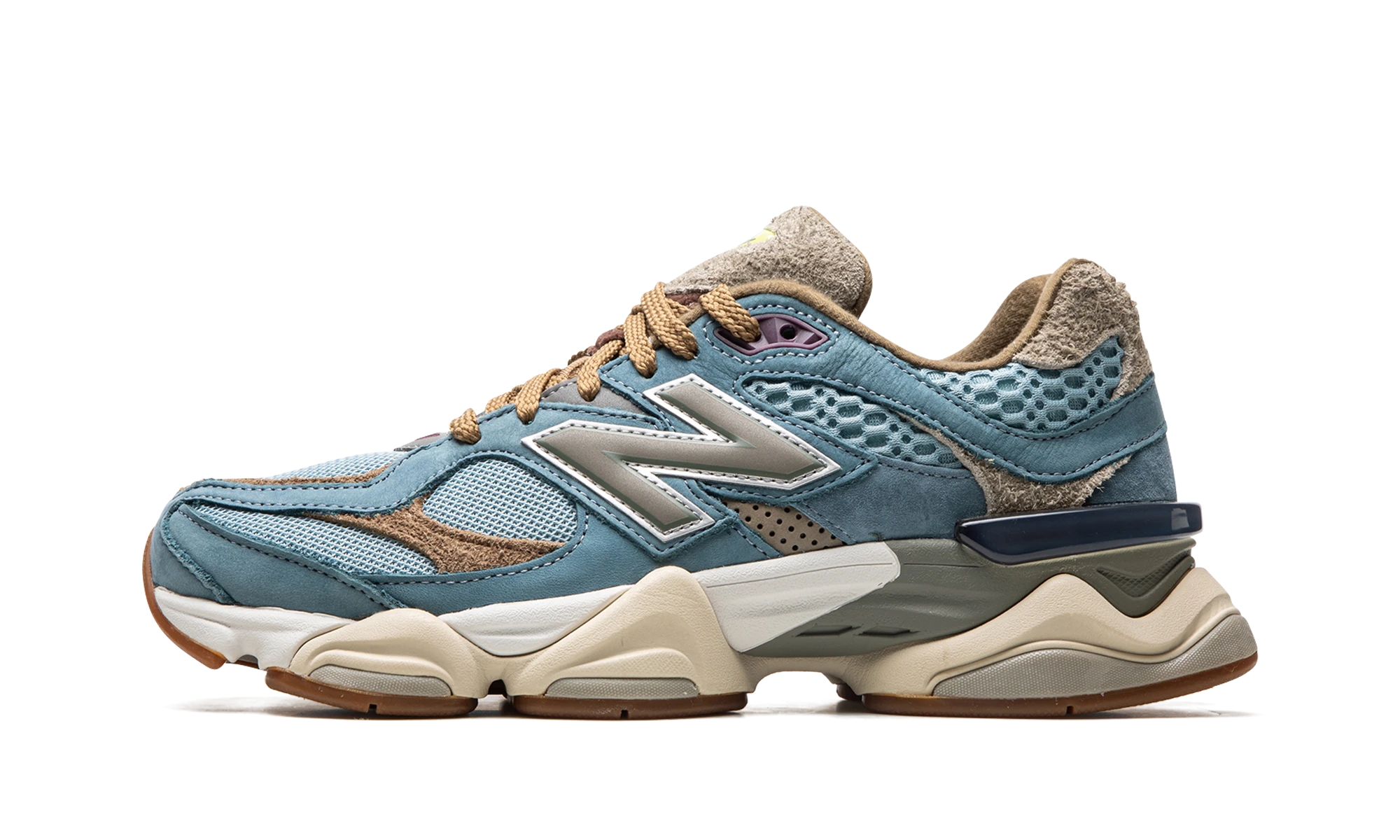 Sneaker New Balance 9060 Bodega Age of Discovery (U9060BD1) in leather blue, white and beige — outer profile view.