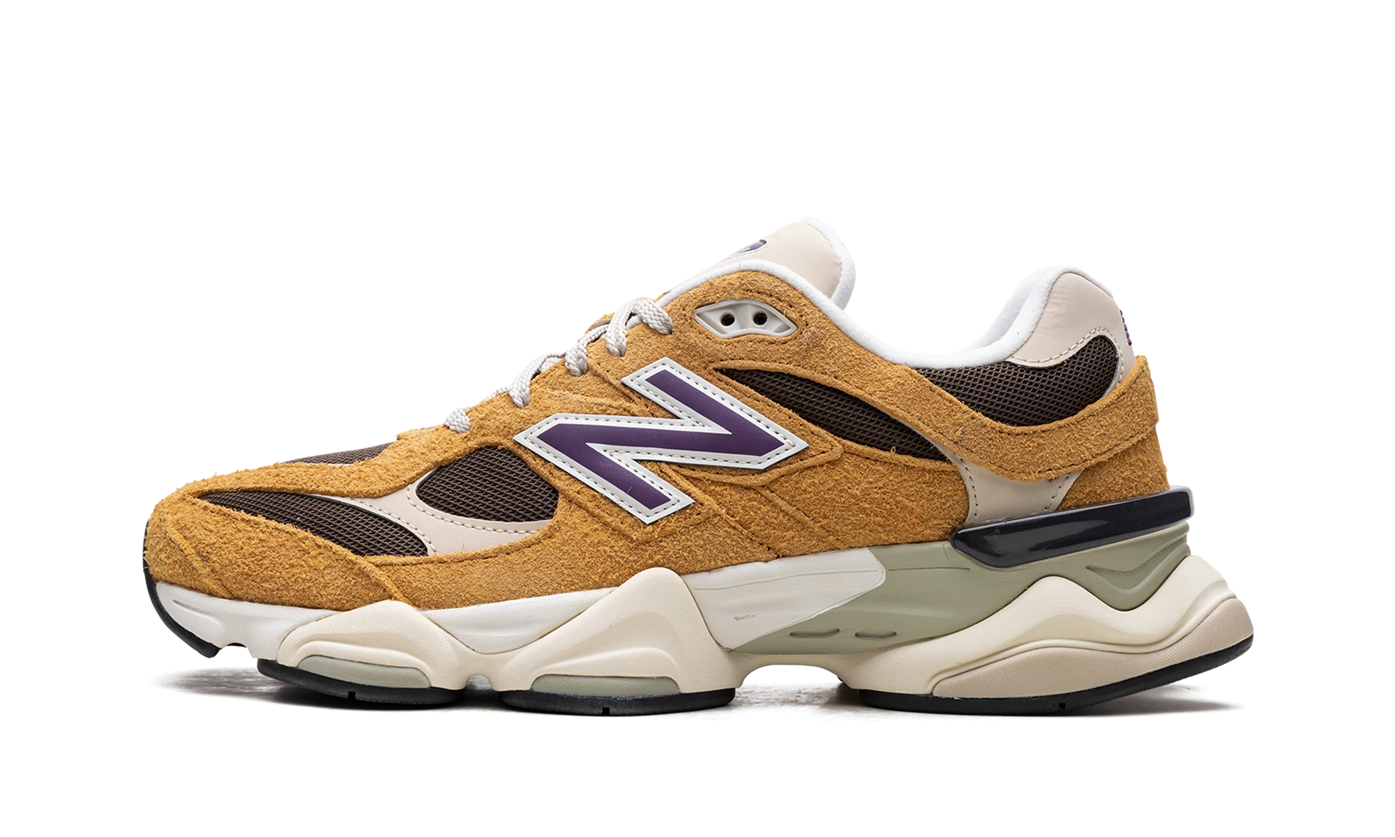 Sneaker New Balance 9060 Butterscotch (U9060SRB) in leer zwart, beige en paars — zijaanzicht.