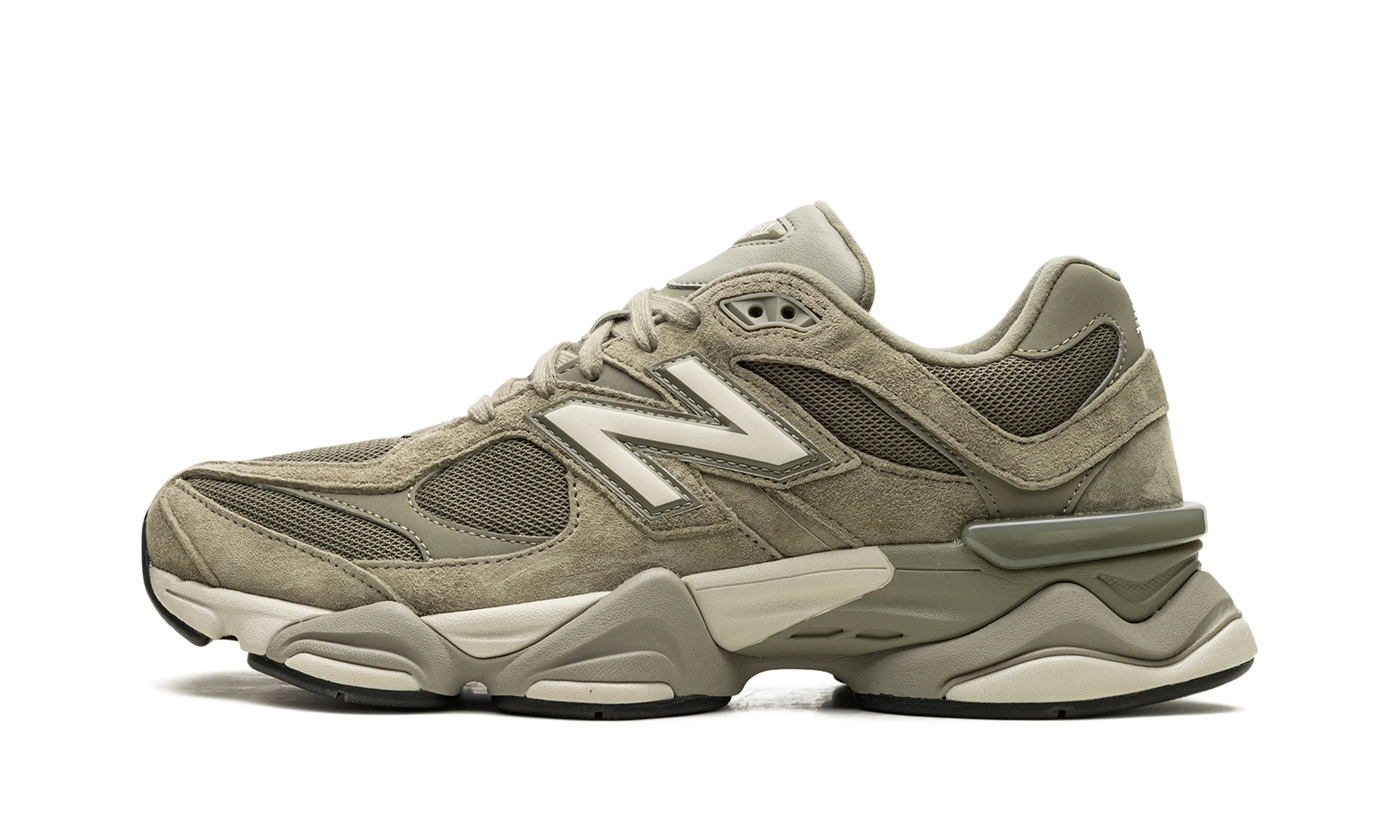 Sneaker New Balance 9060 Covert Green Dark Stoneware (U9060JGC) in leer groen en zwart — zijaanzicht.