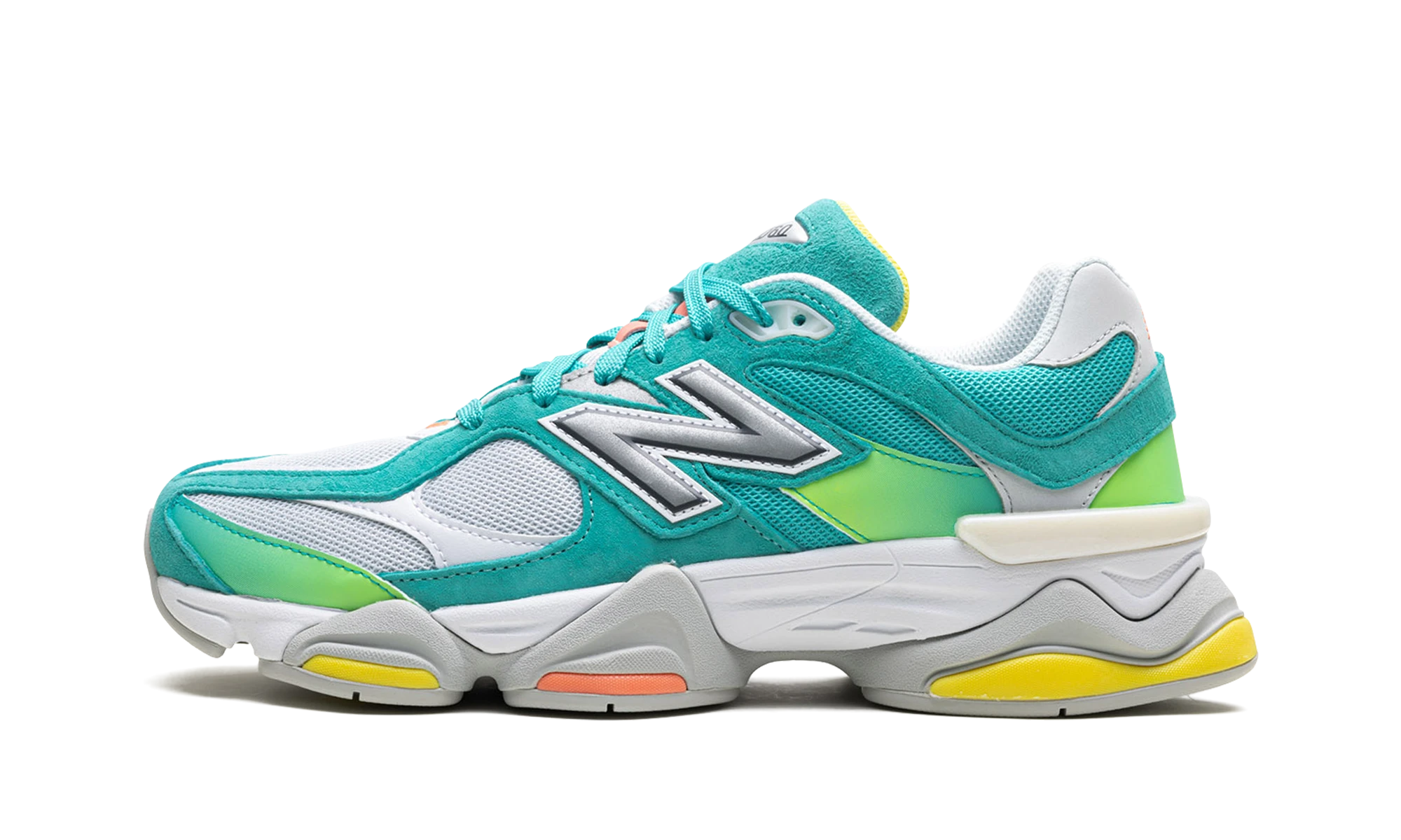 Sneaker New Balance 9060 DTLR Cyan Burst (U9060DBT) in leer blauw, wit en grijs — zijaanzicht.