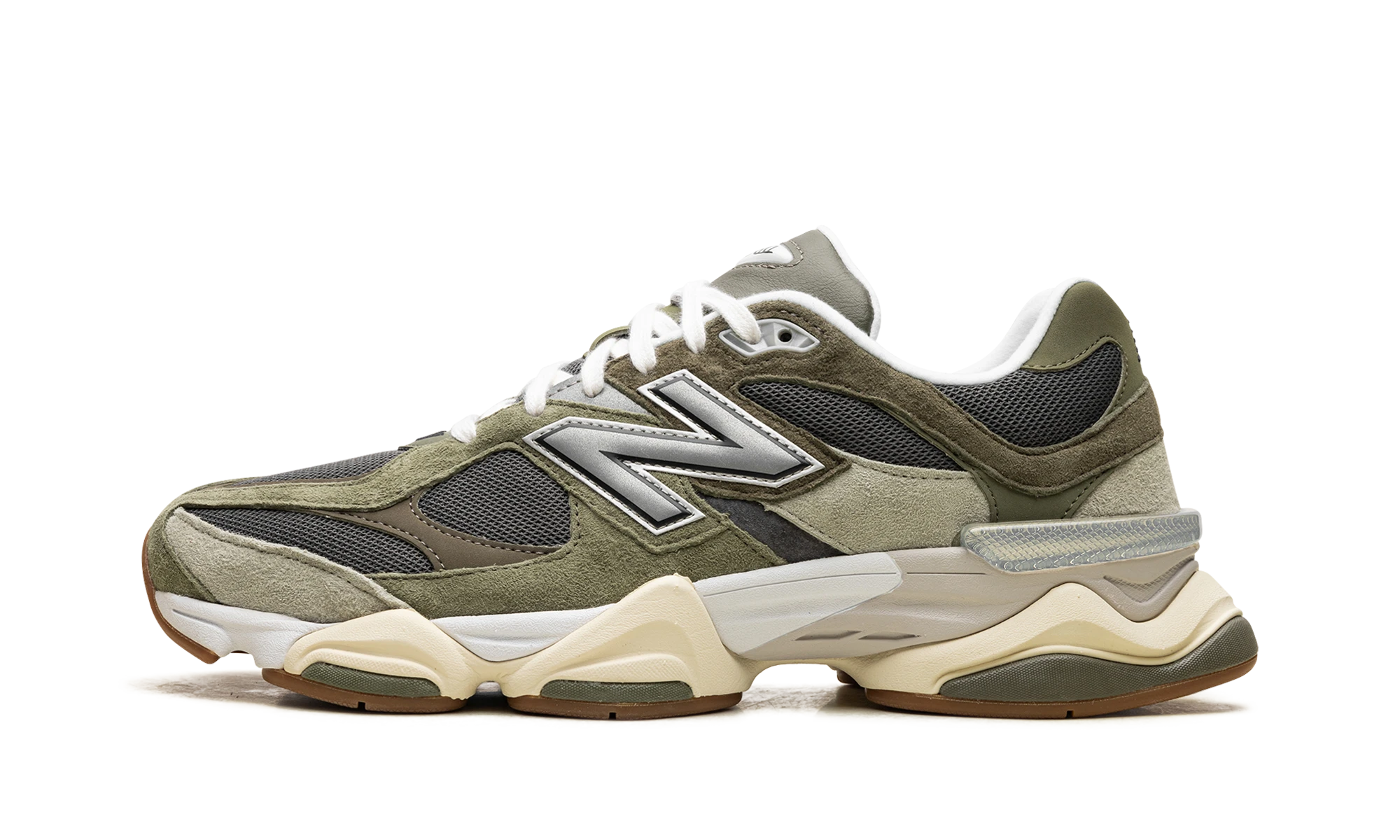 Sneaker New Balance 9060 Green Grey (U9060FOC) in leer groen en grijs — zijaanzicht.